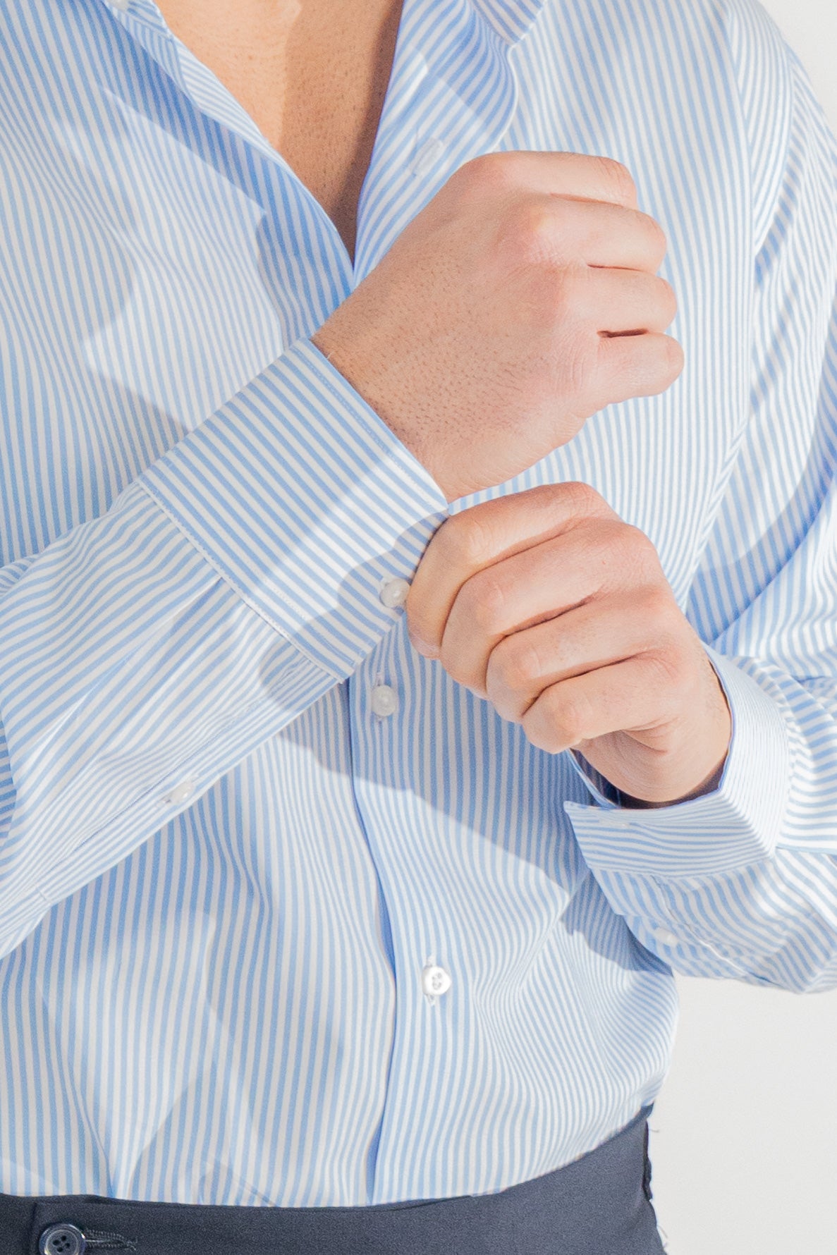 Camicia Uomo celeste a righe medie Regular Fit 100% cotone popeline collo semi francese Tessuti Twill