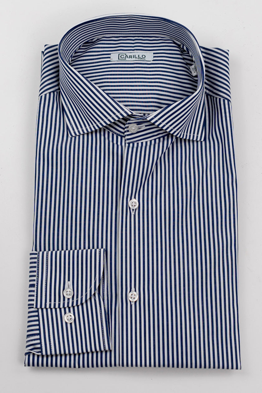 Camicia blu navy righe Medie Regular Fit uomo 100% cotone popeline collo semi francese Tessuti Twill