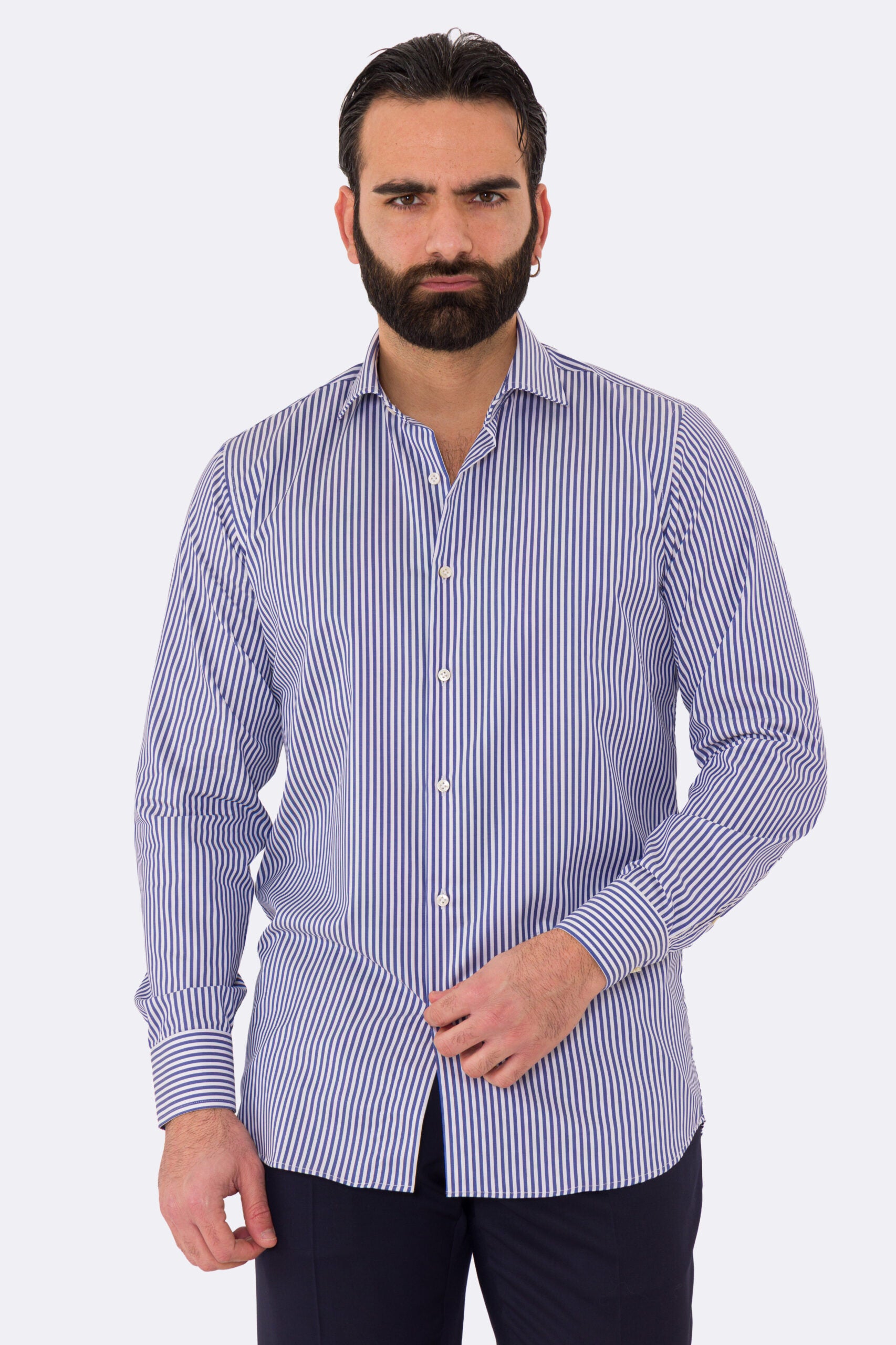 Camicia blu navy righe Medie Regular Fit uomo 100% cotone popeline collo semi francese Tessuti Twill