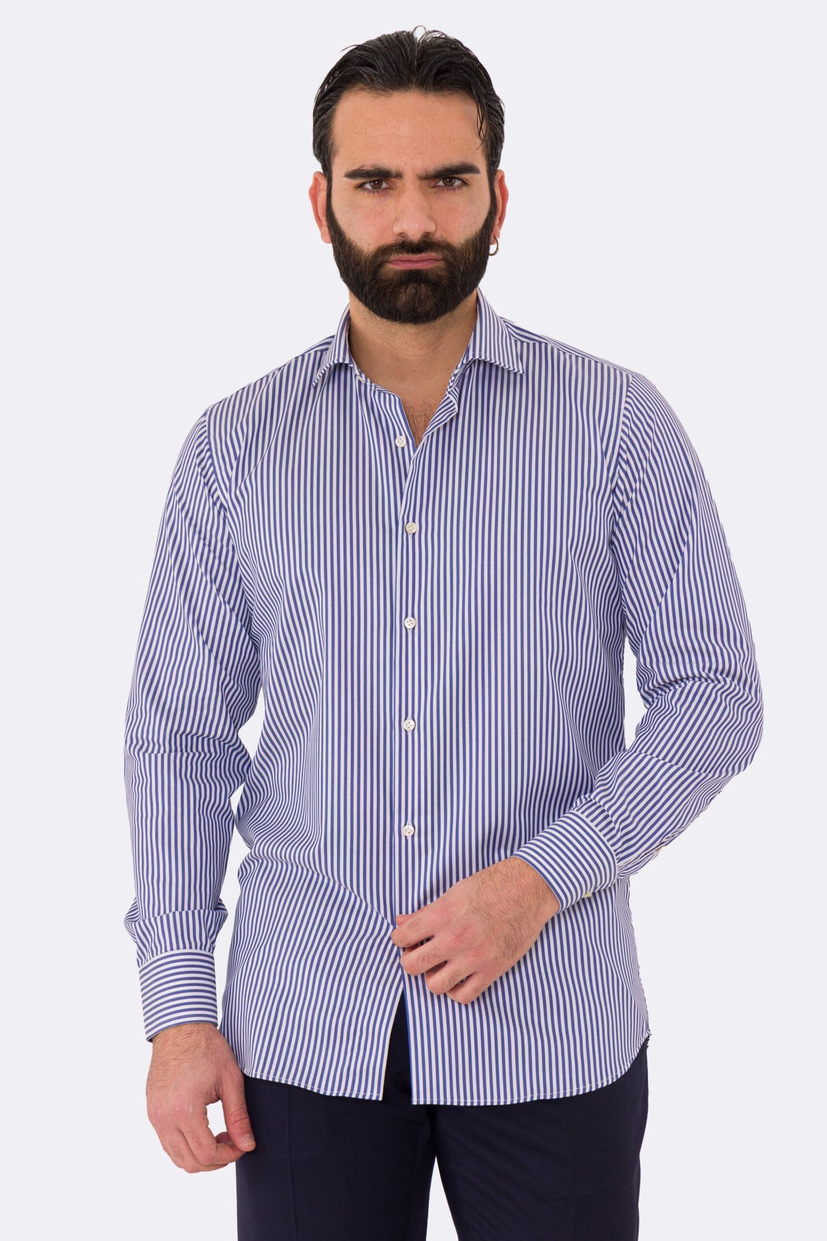 Camicia blu navy righe Medie Regular Fit uomo 100% cotone popeline collo semi francese Tessuti Twill
