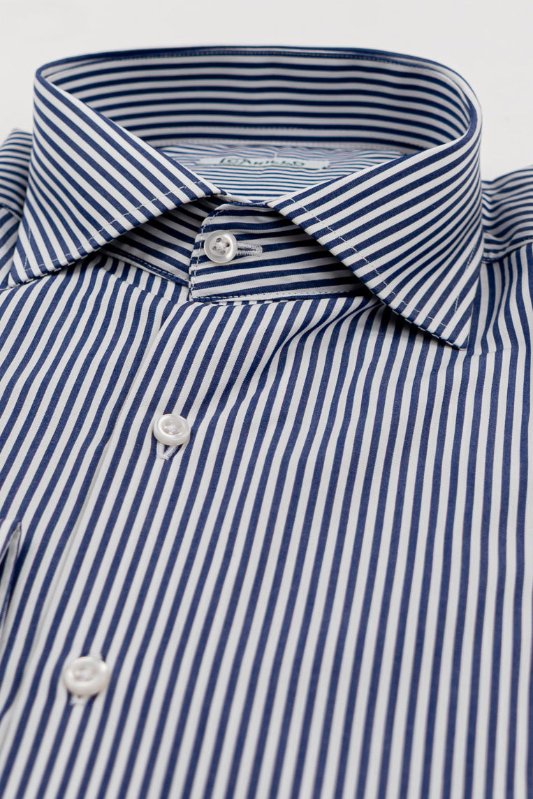 Camicia blu navy righe Medie Regular Fit uomo 100% cotone popeline collo semi francese Tessuti Twill