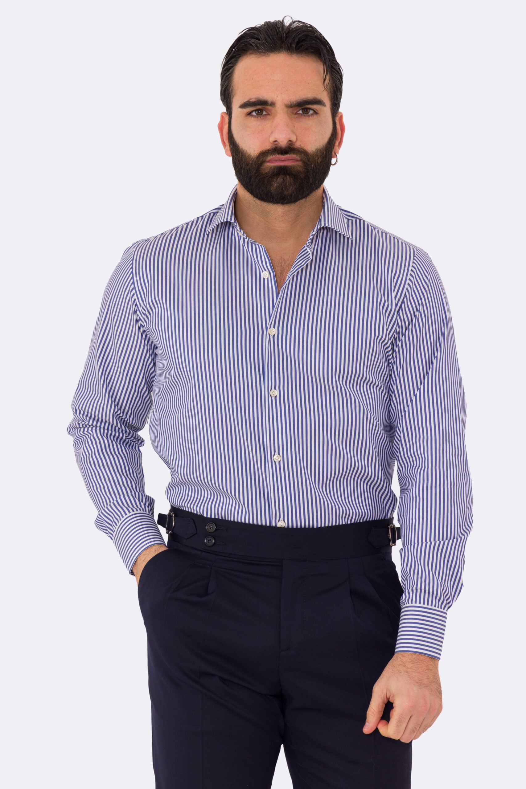 Camicia blu navy righe Medie Regular Fit uomo 100% cotone popeline collo semi francese Tessuti Twill
