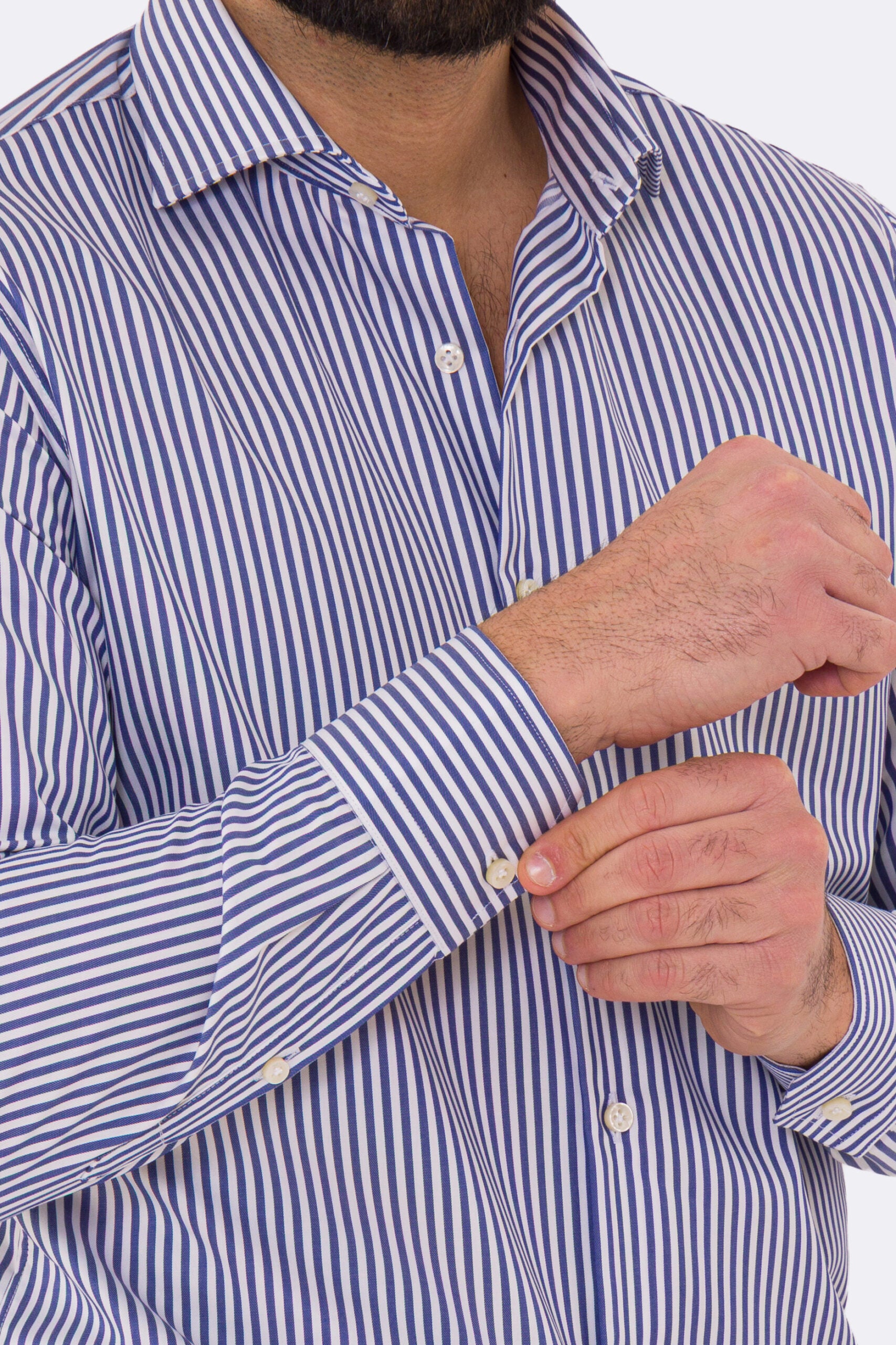 Camicia blu navy righe Medie Regular Fit uomo 100% cotone popeline collo semi francese Tessuti Twill
