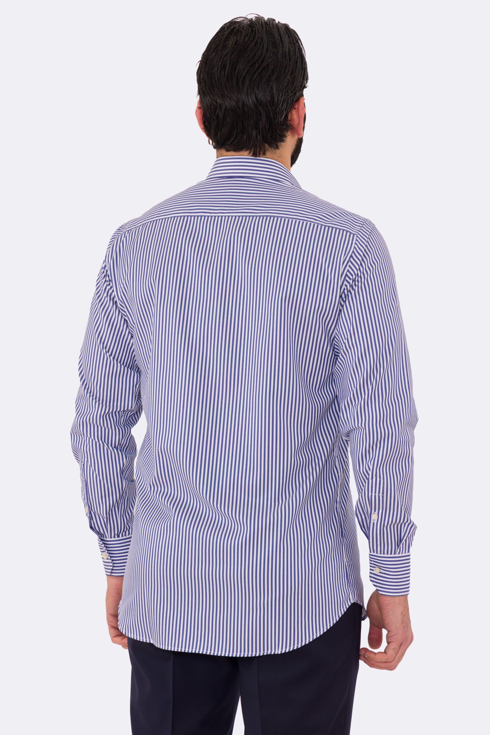 Camicia blu navy righe Medie Regular Fit uomo 100% cotone popeline collo semi francese Tessuti Twill