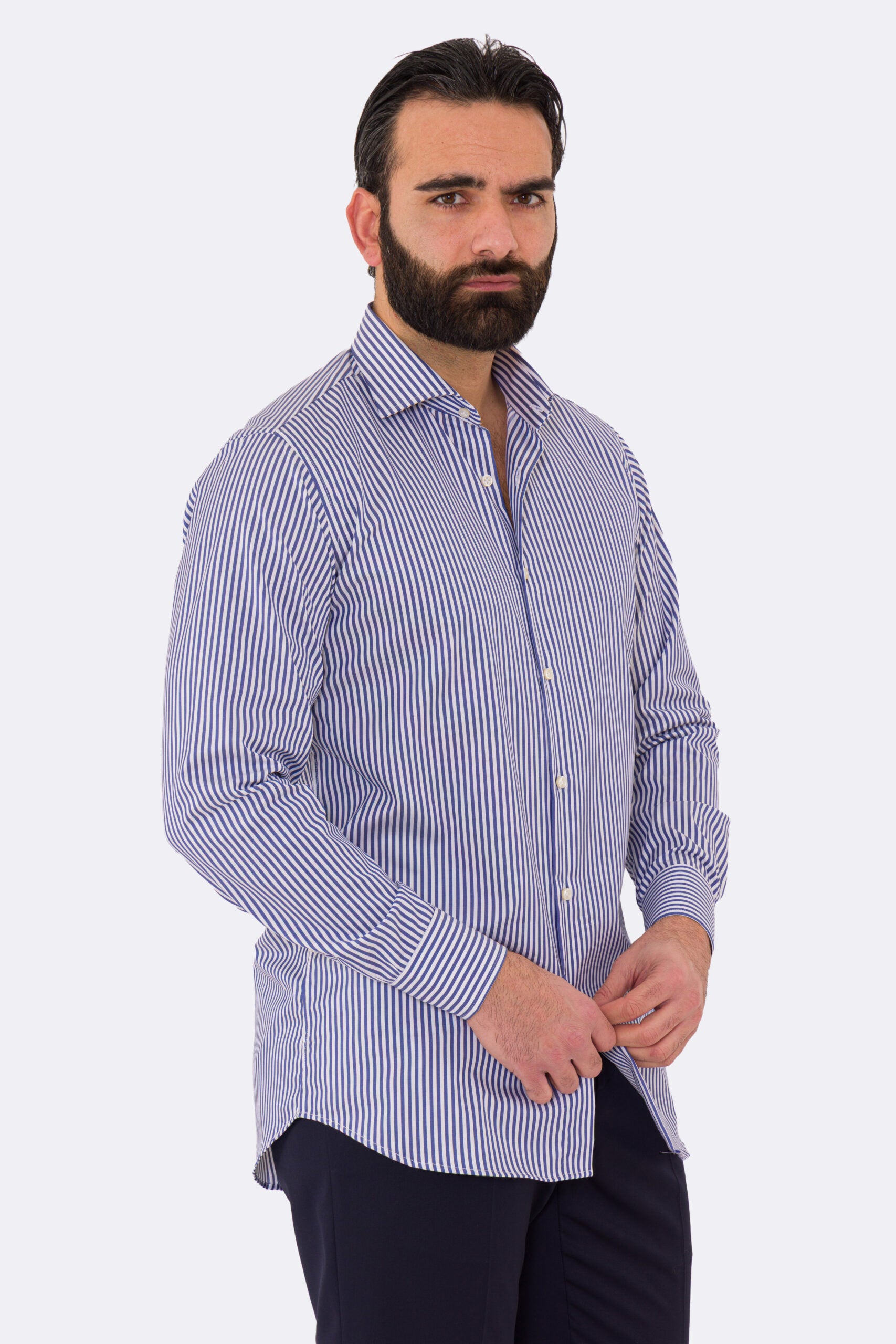 Camicia blu navy righe Medie Regular Fit uomo 100% cotone popeline collo semi francese Tessuti Twill