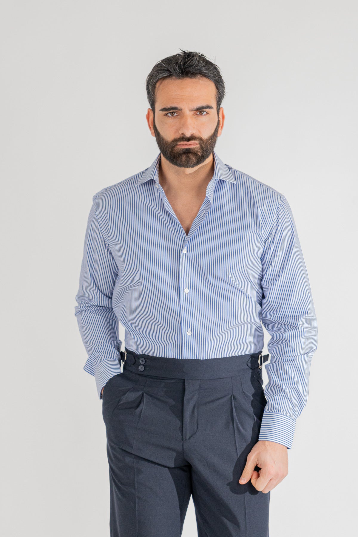 Camicia Uomo Royal blu a righe medie Regular Fit 100% cotone popeline collo semi francese Tessuti Twill