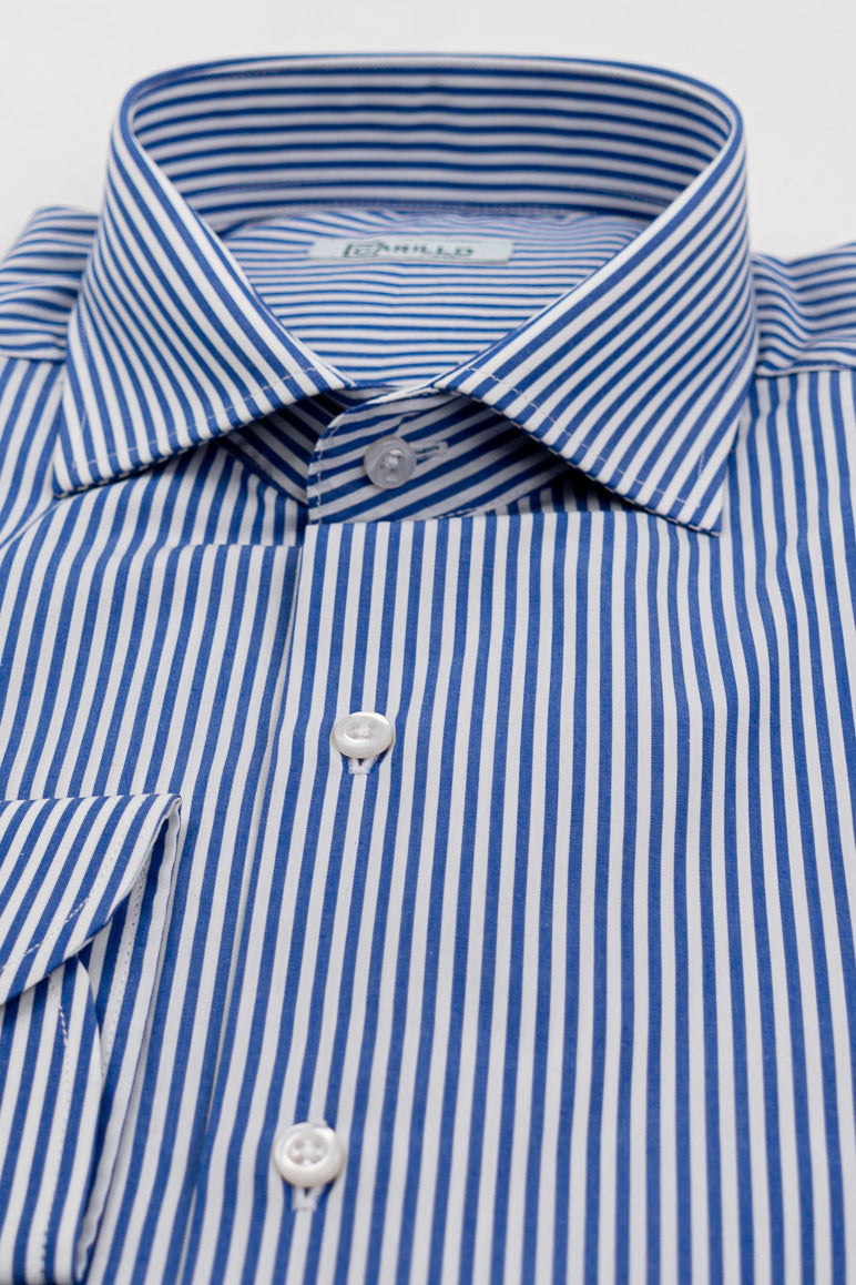 Camicia Uomo Royal blu a righe medie Regular Fit 100% cotone popeline collo semi francese Tessuti Twill