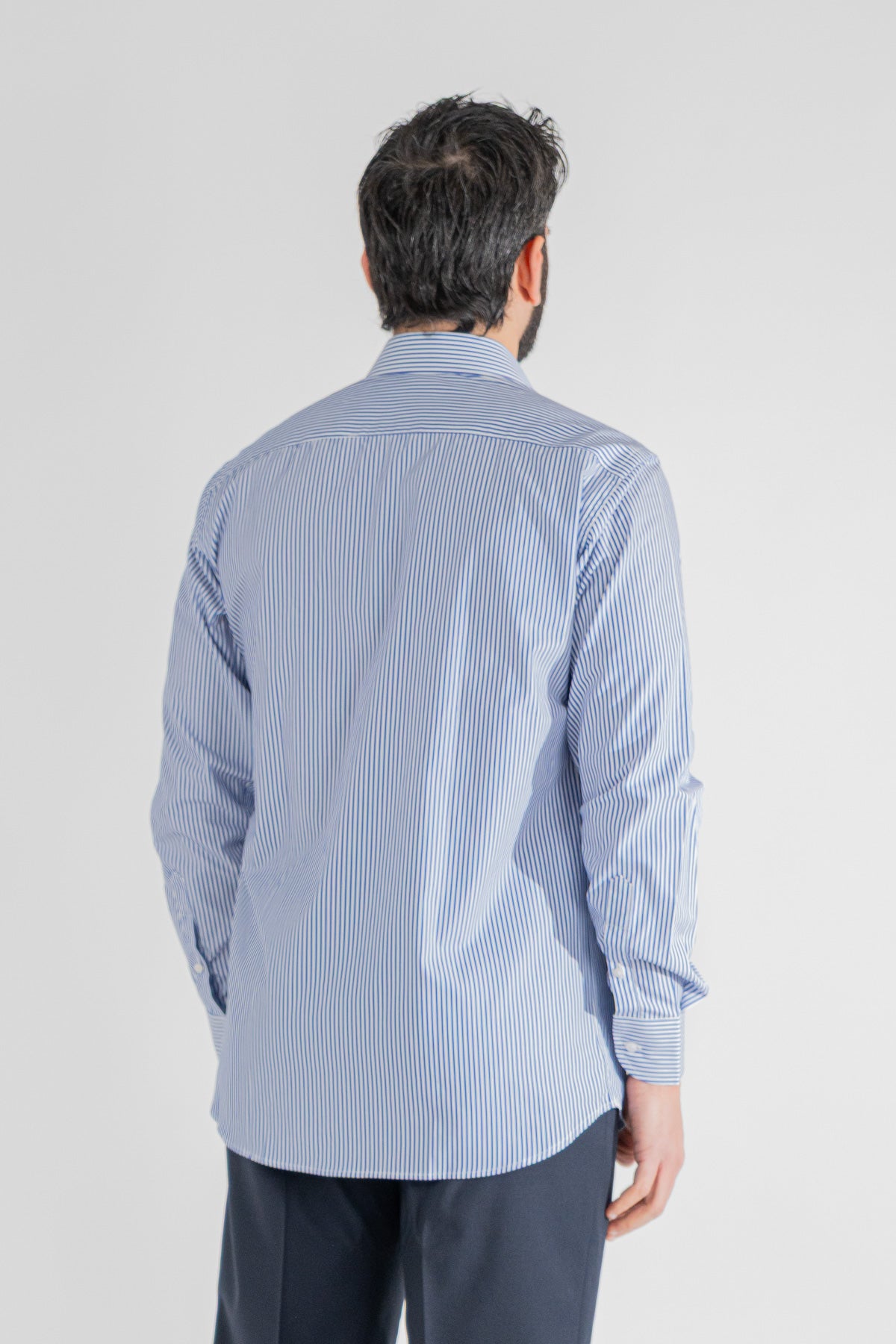 Camicia Uomo Royal blu a righe medie Regular Fit 100% cotone popeline collo semi francese Tessuti Twill