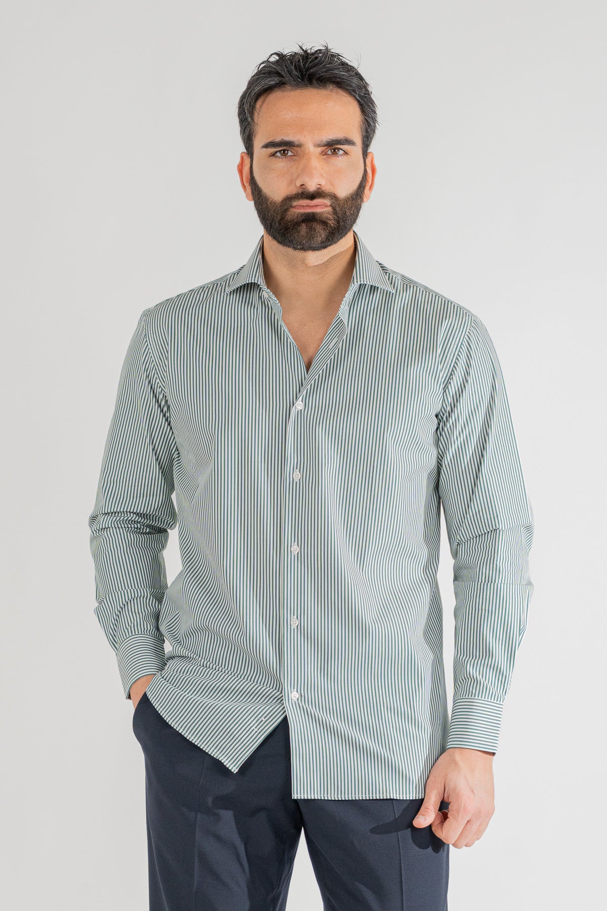 Camicia Uomo verde a righe medie Regular Fit 100% cotone popeline collo semi francese Tessuti Twill