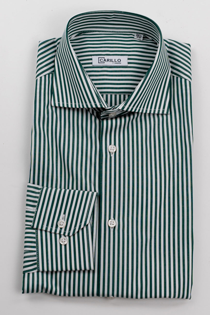 Camicia Uomo verde a righe medie Regular Fit 100% cotone popeline collo semi francese Tessuti Twill