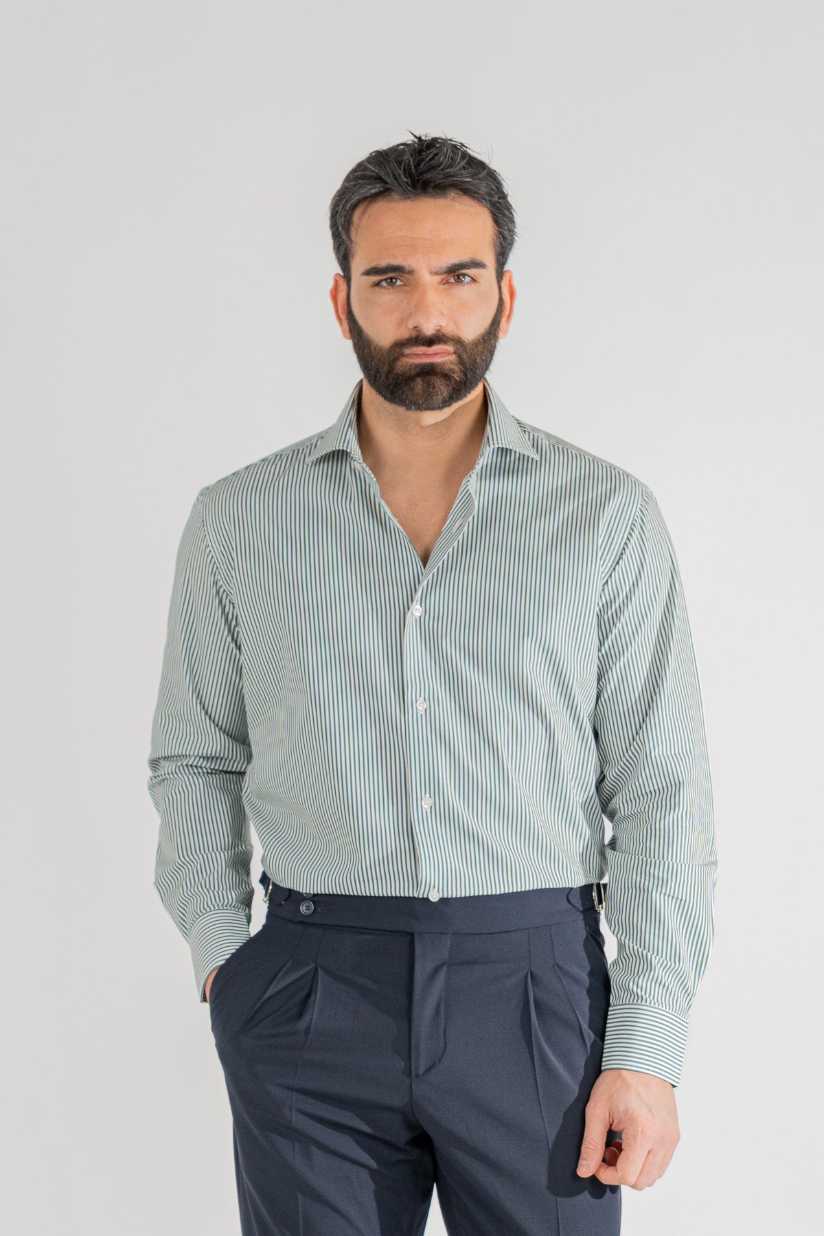 Camicia Uomo verde a righe medie Regular Fit 100% cotone popeline collo semi francese Tessuti Twill