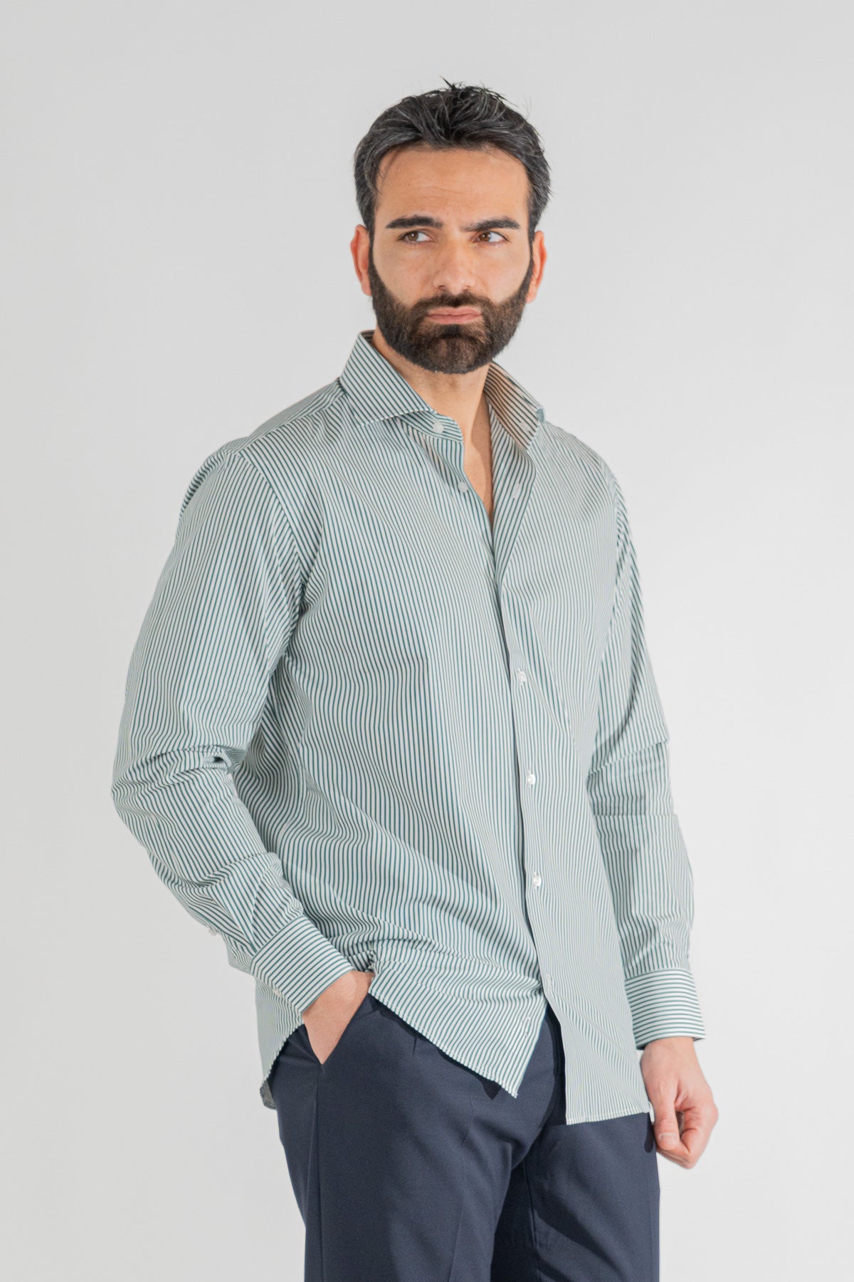 Camicia Uomo verde a righe medie Regular Fit 100% cotone popeline collo semi francese Tessuti Twill