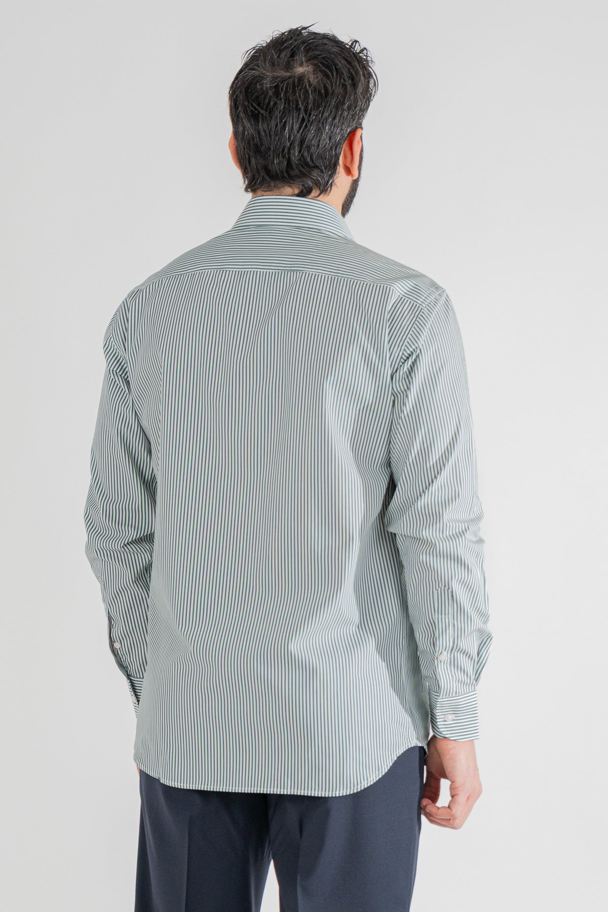 Camicia Uomo verde a righe medie Regular Fit 100% cotone popeline collo semi francese Tessuti Twill