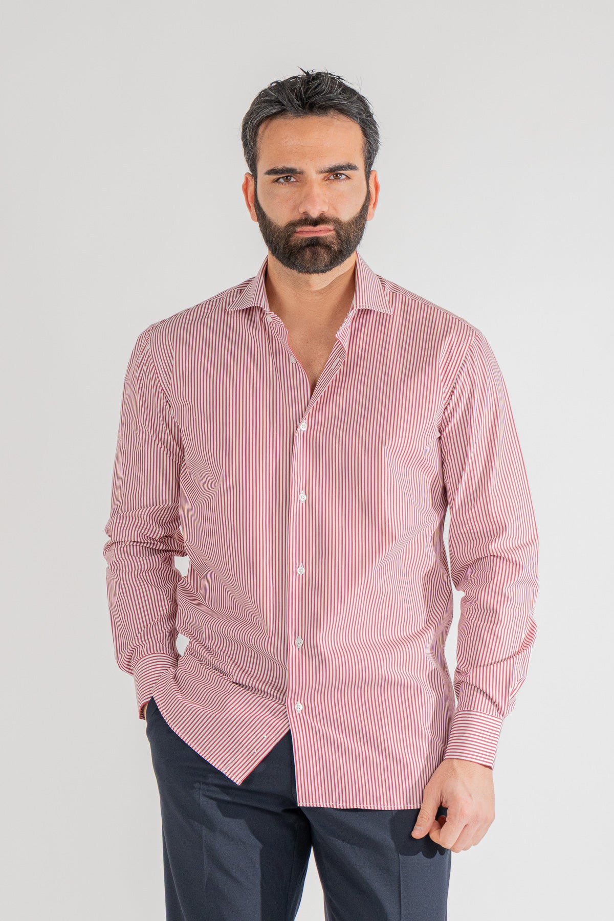 Camicia rossa a righe medie Regular Fit uomo 100% cotone popeline collo semi francese Tessuti Twill