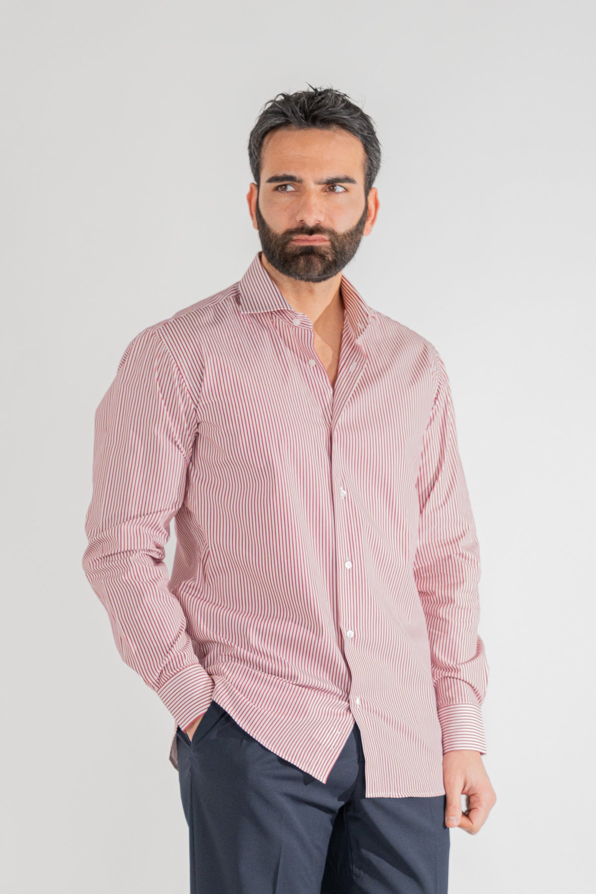 Camicia rossa a righe medie Regular Fit uomo 100% cotone popeline collo semi francese Tessuti Twill