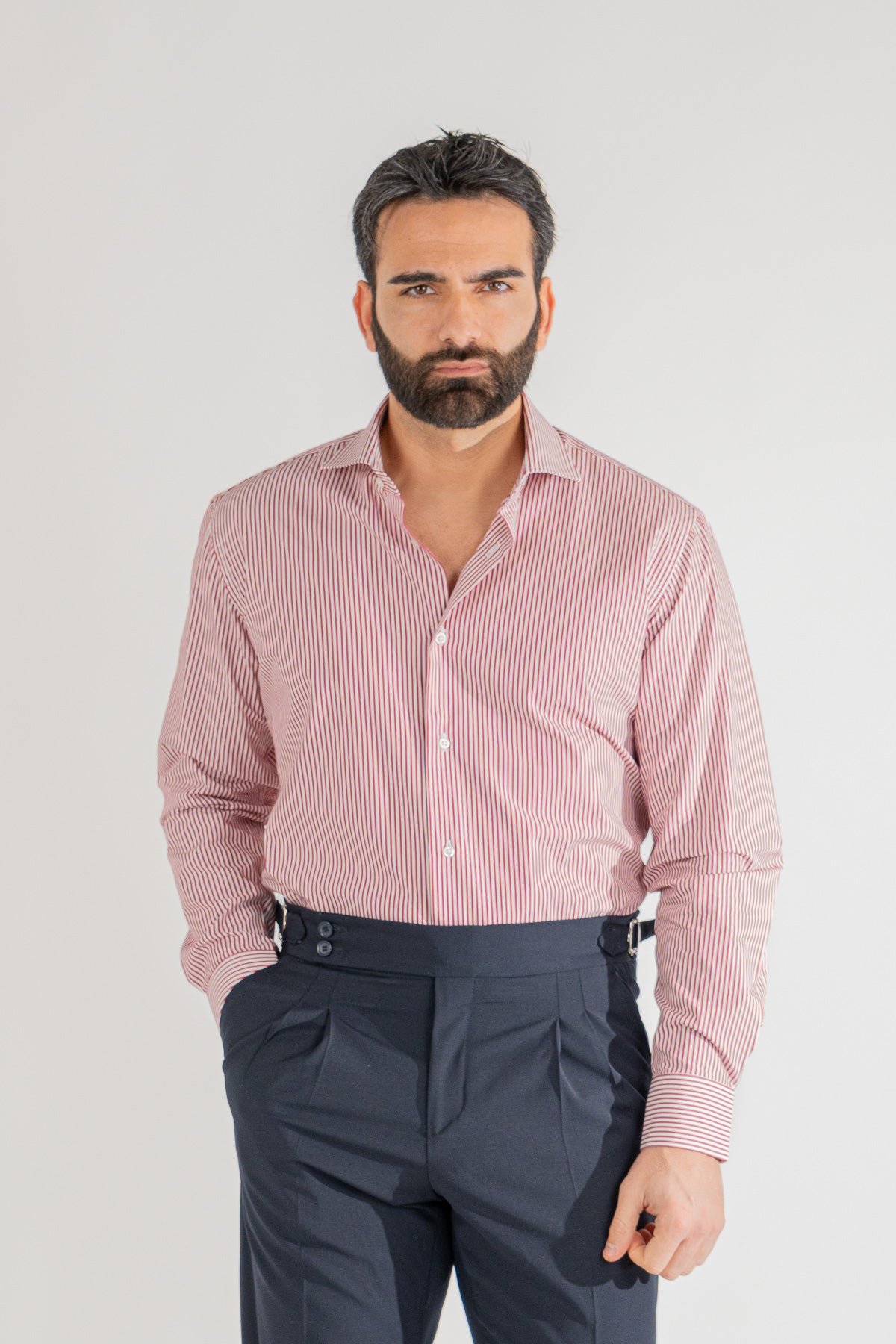 Camicia rossa a righe medie Regular Fit uomo 100% cotone popeline collo semi francese Tessuti Twill