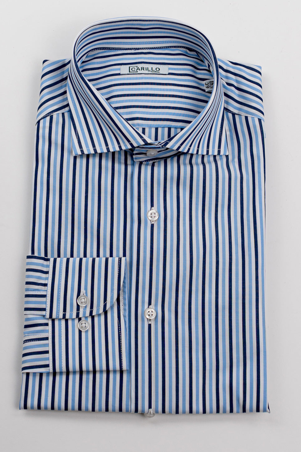 Camicia a righe blu e celesti Medie Regular Fit uomo 100% cotone popeline collo semi francese Tessuti Twill