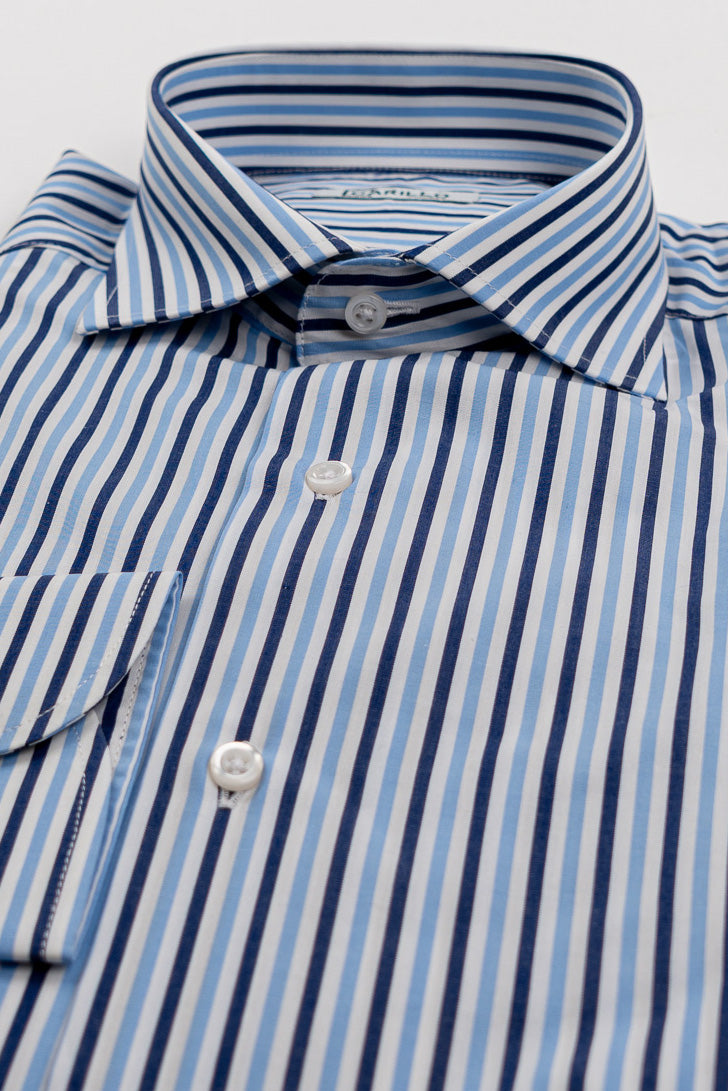 Camicia a righe blu e celesti Medie Regular Fit uomo 100% cotone popeline collo semi francese Tessuti Twill