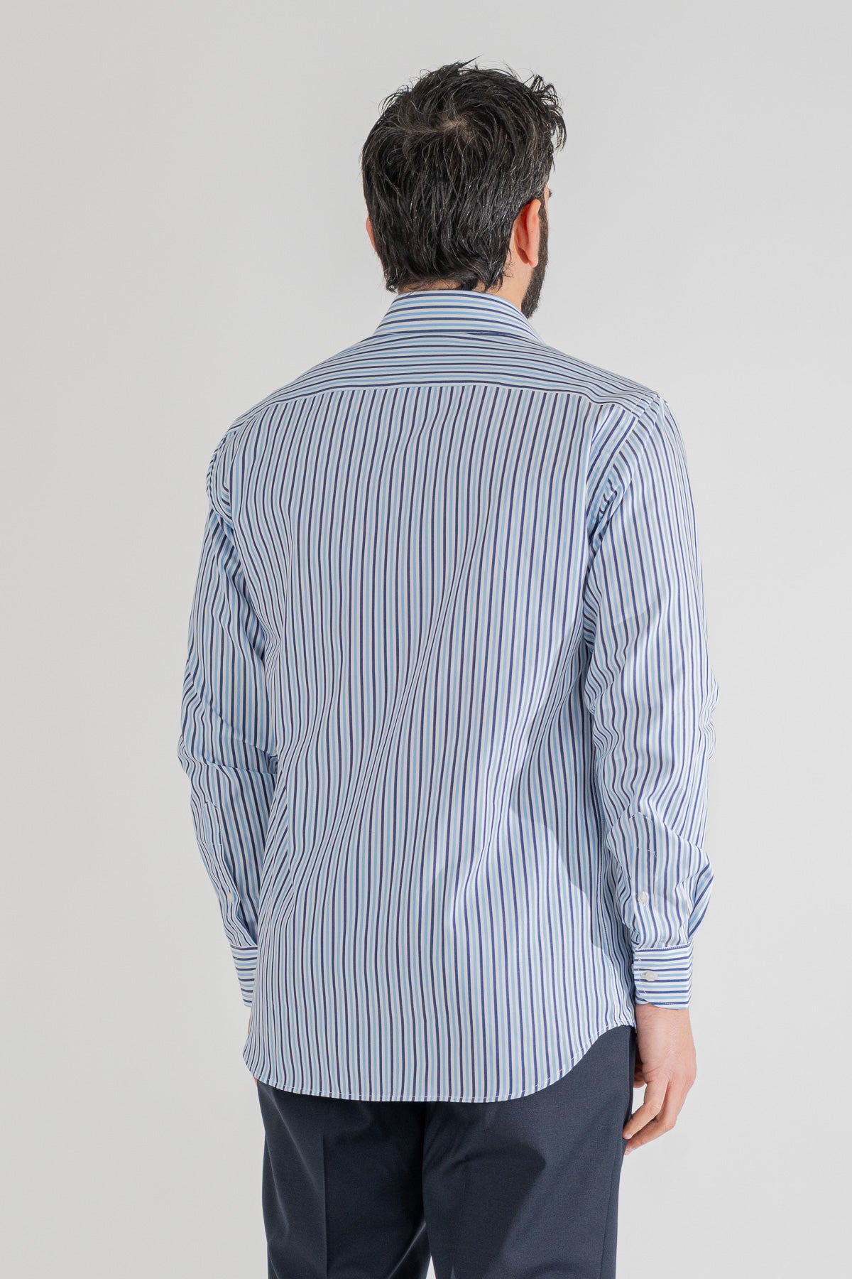 Camicia a righe blu e celesti Medie Regular Fit uomo 100% cotone popeline collo semi francese Tessuti Twill