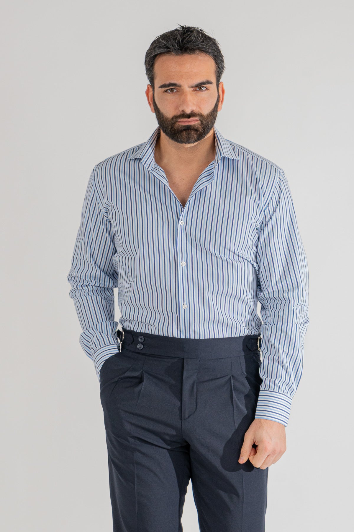 Camicia a righe blu e celesti Medie Regular Fit uomo 100% cotone popeline collo semi francese Tessuti Twill