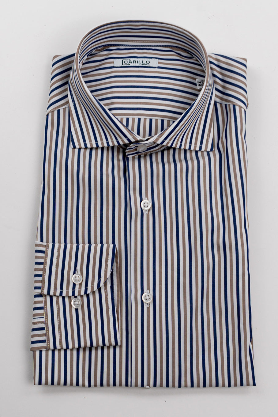Camicia a righe blu e beige Medie Regular Fit uomo 100% cotone popeline collo semi francese Tessuti Twill