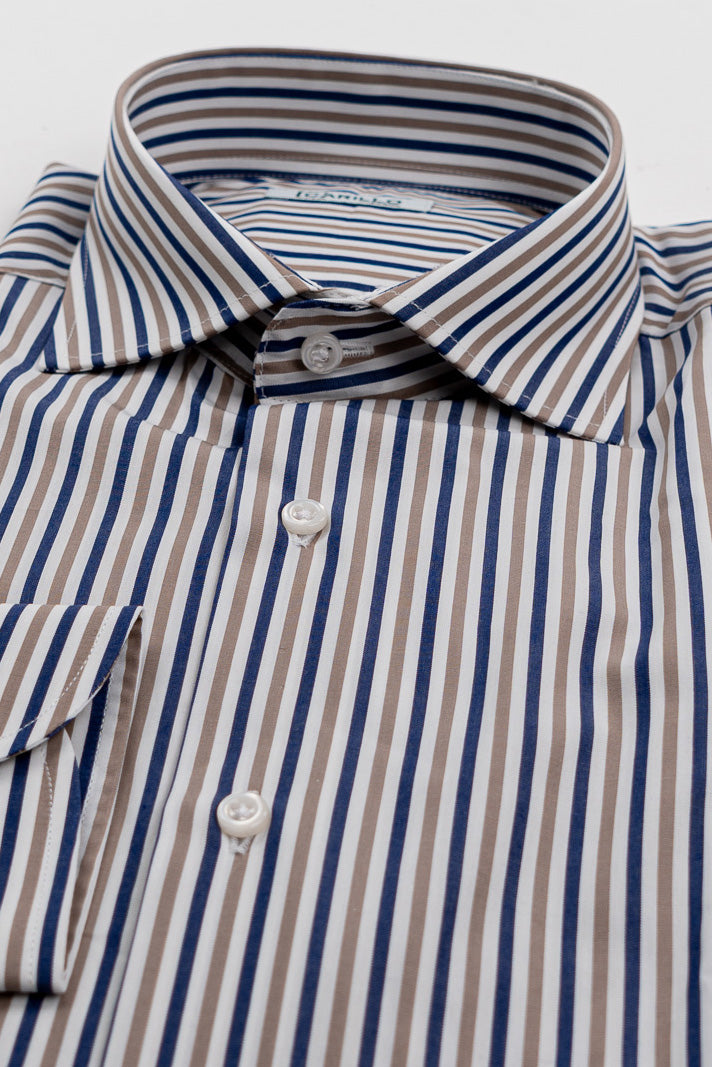 Camicia a righe blu e beige Medie Regular Fit uomo 100% cotone popeline collo semi francese Tessuti Twill