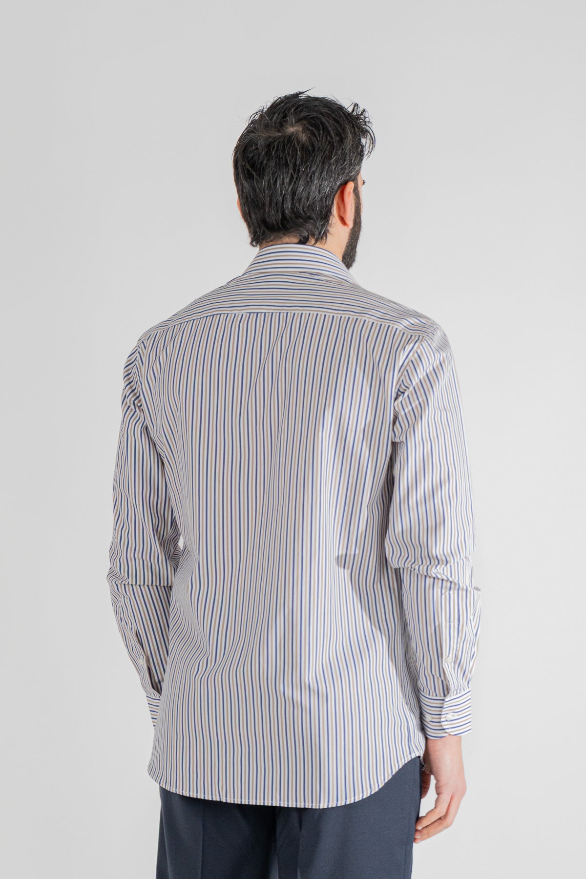 Camicia a righe blu e beige Medie Regular Fit uomo 100% cotone popeline collo semi francese Tessuti Twill