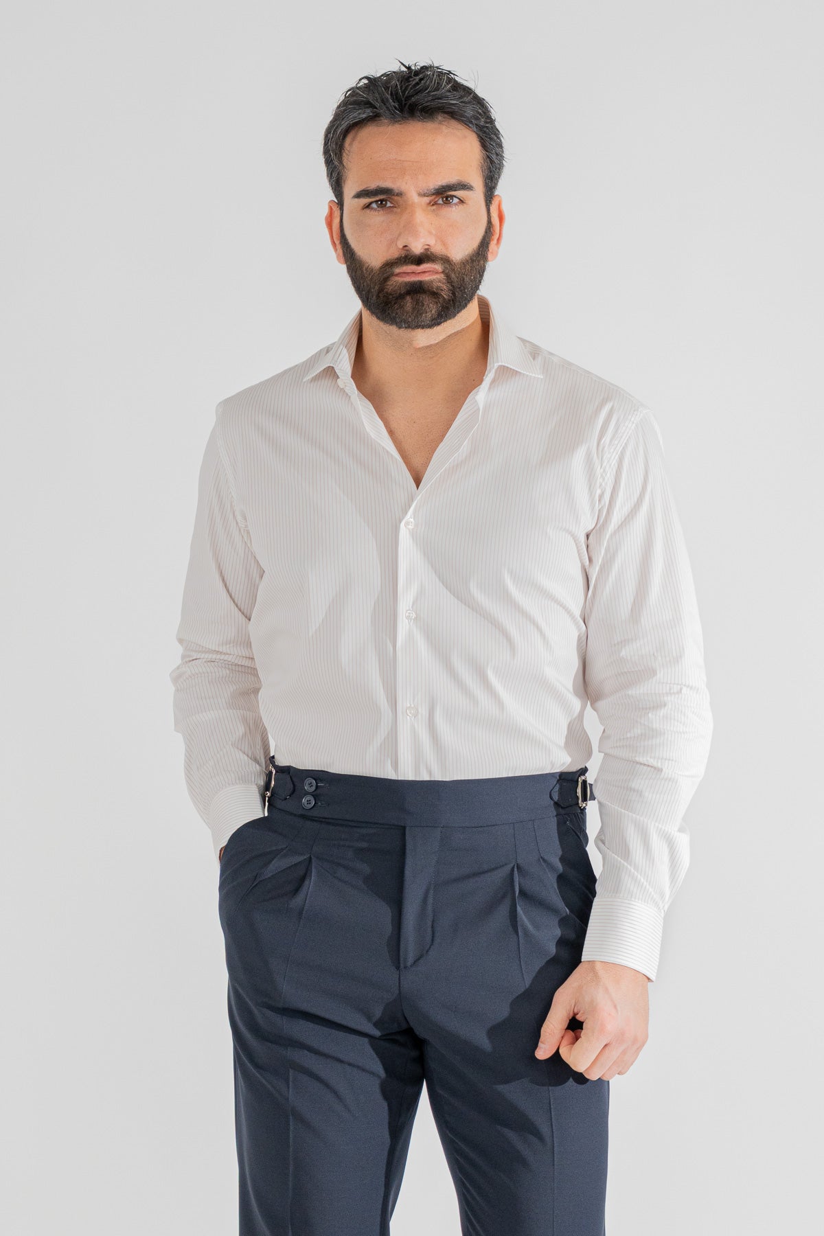 Camicia a righe beige Regular Fit uomo elasticizzata collo semi francese Tessuti Twill