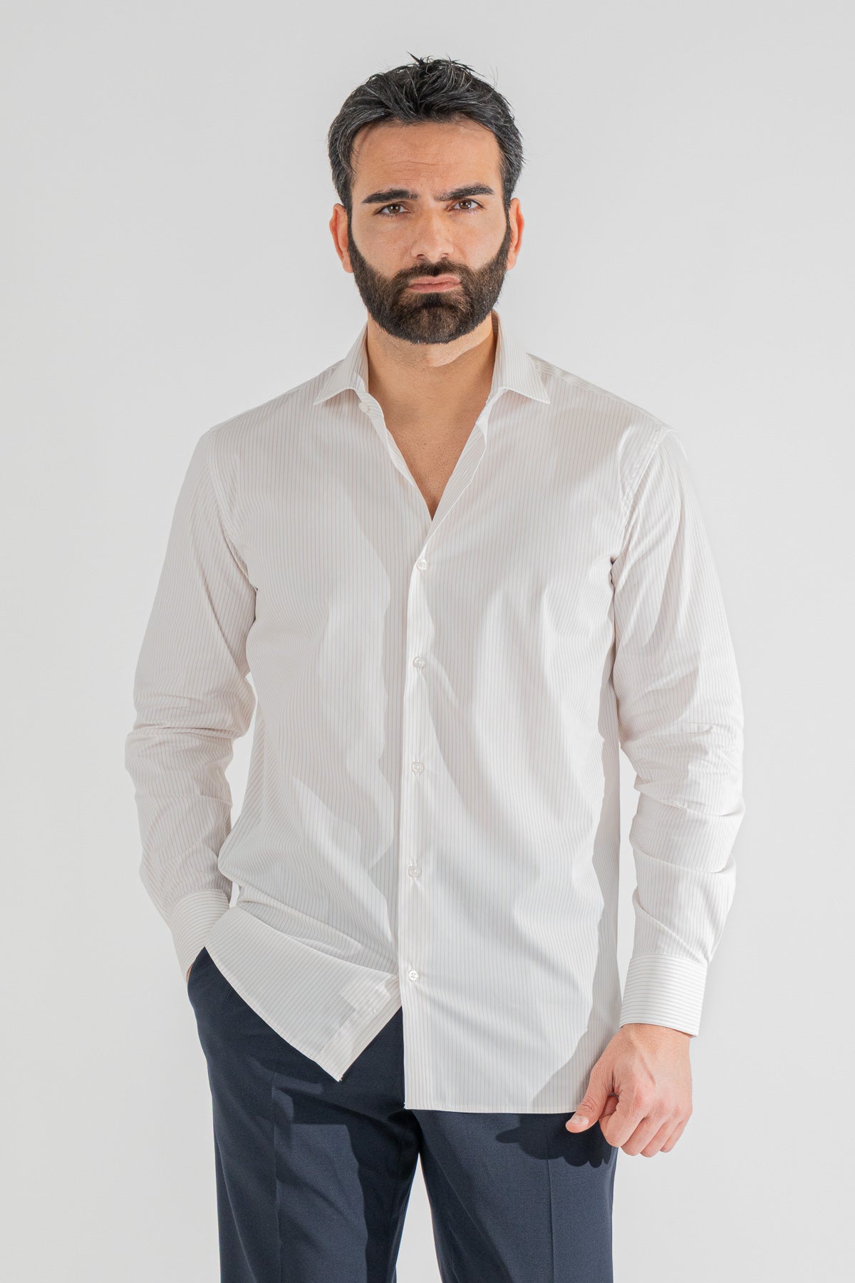 Camicia a righe beige Regular Fit uomo elasticizzata collo semi francese Tessuti Twill