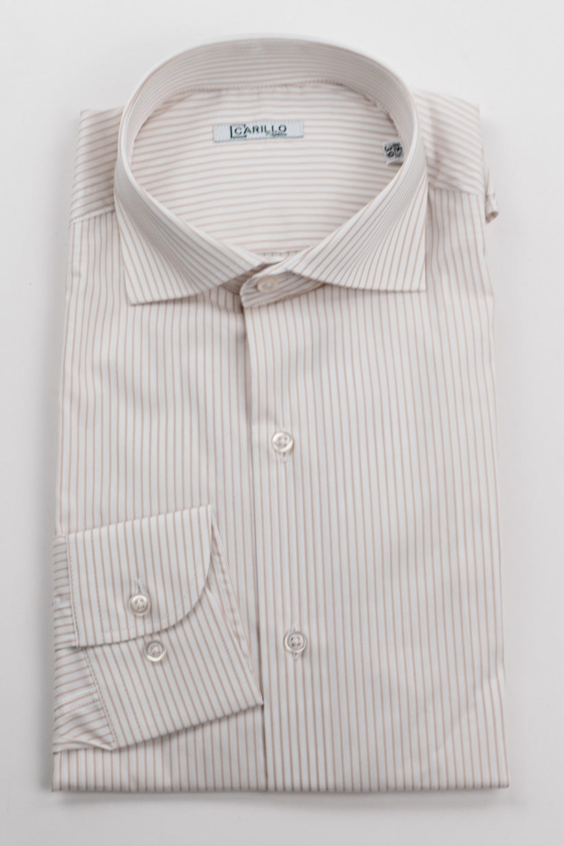 Camicia a righe beige Regular Fit uomo elasticizzata collo semi francese Tessuti Twill