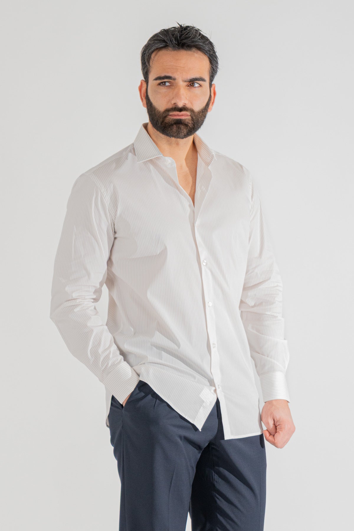 Camicia a righe beige Regular Fit uomo elasticizzata collo semi francese Tessuti Twill
