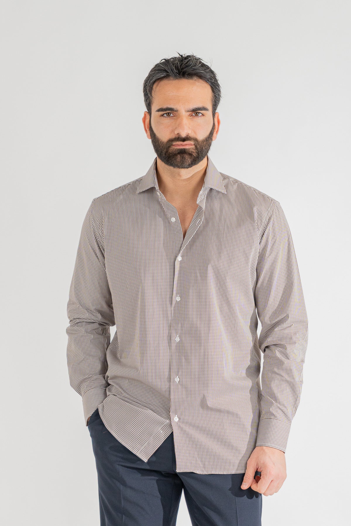 Camicia a quadri marrone Regular Fit uomo 100% cotone popeline collo semi francese Tessuti Twill