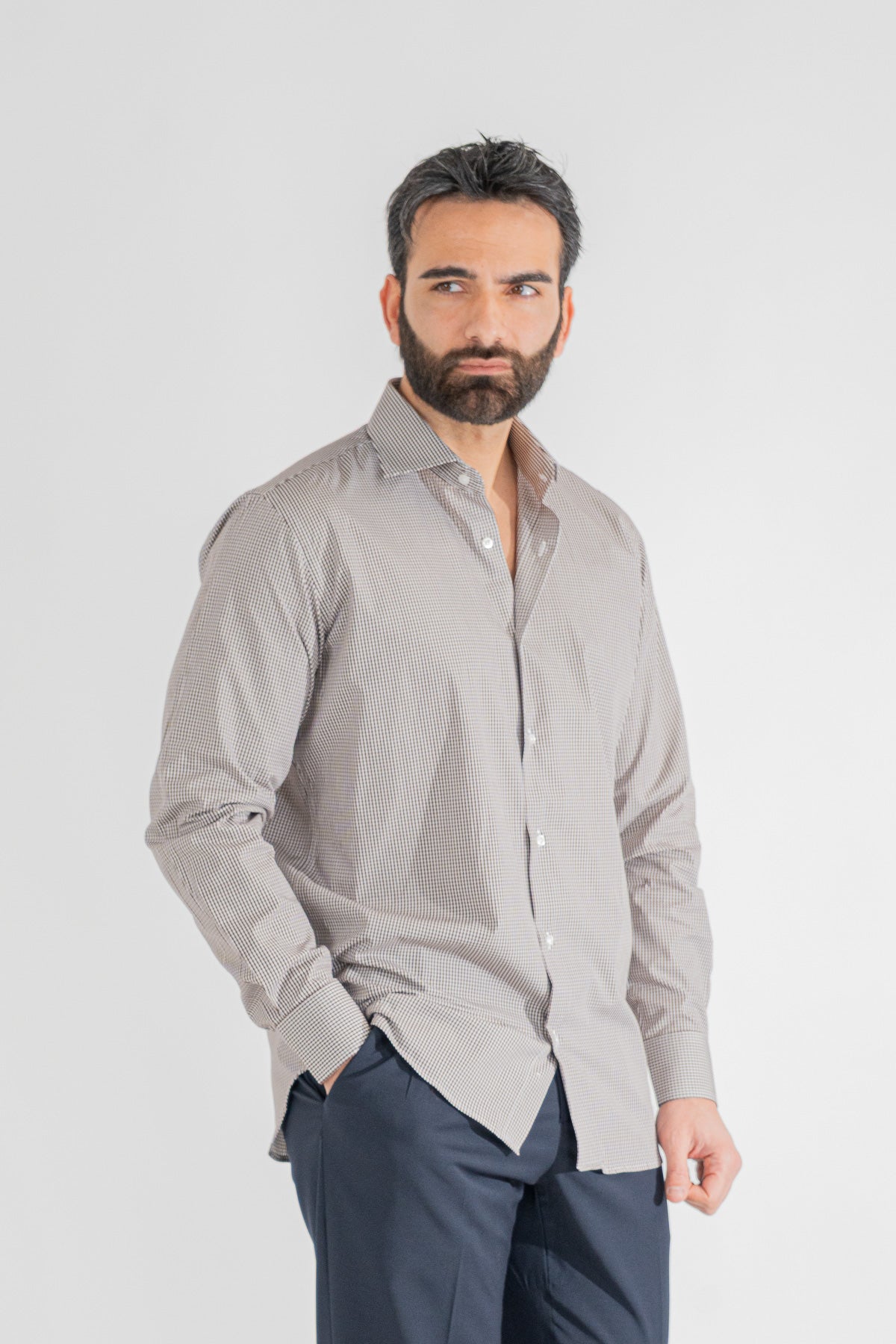 Camicia a quadri marrone Regular Fit uomo 100% cotone popeline collo semi francese Tessuti Twill
