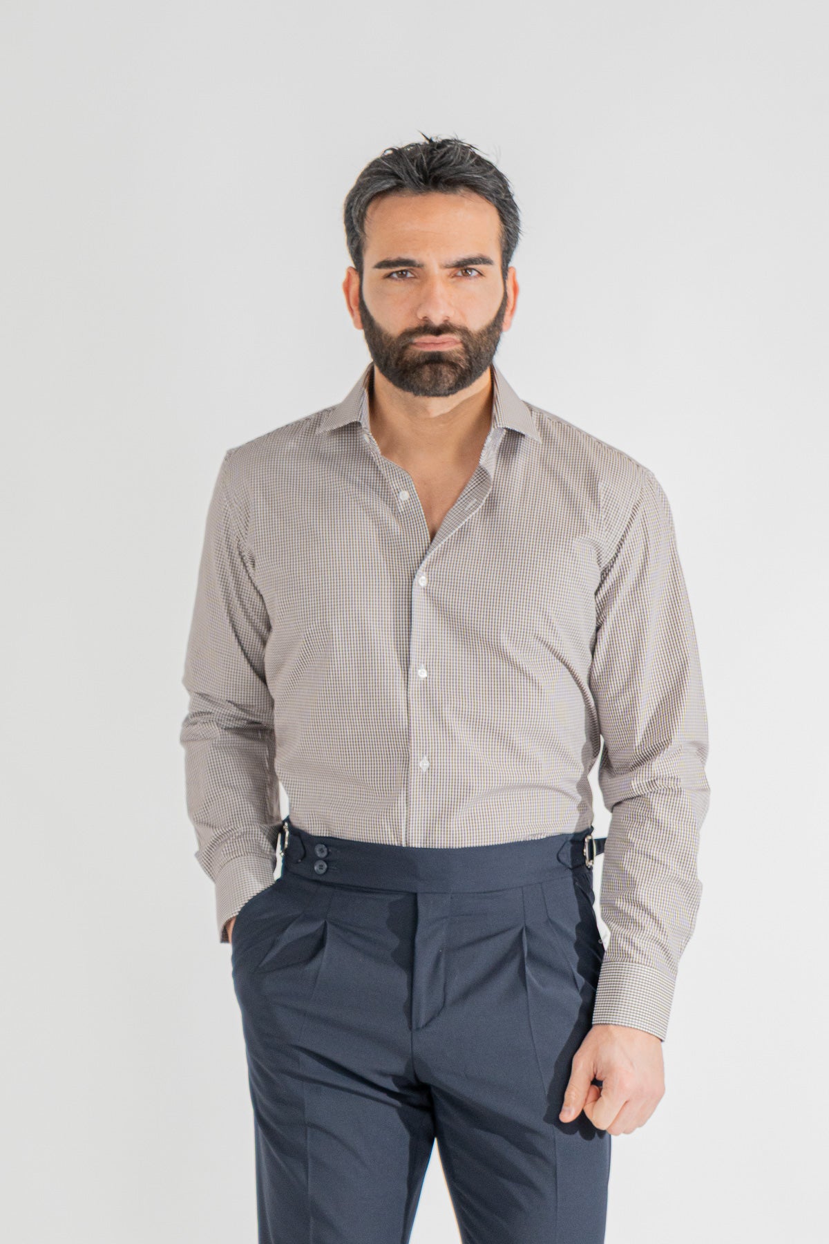 Camicia a quadri marrone Regular Fit uomo 100% cotone popeline collo semi francese Tessuti Twill