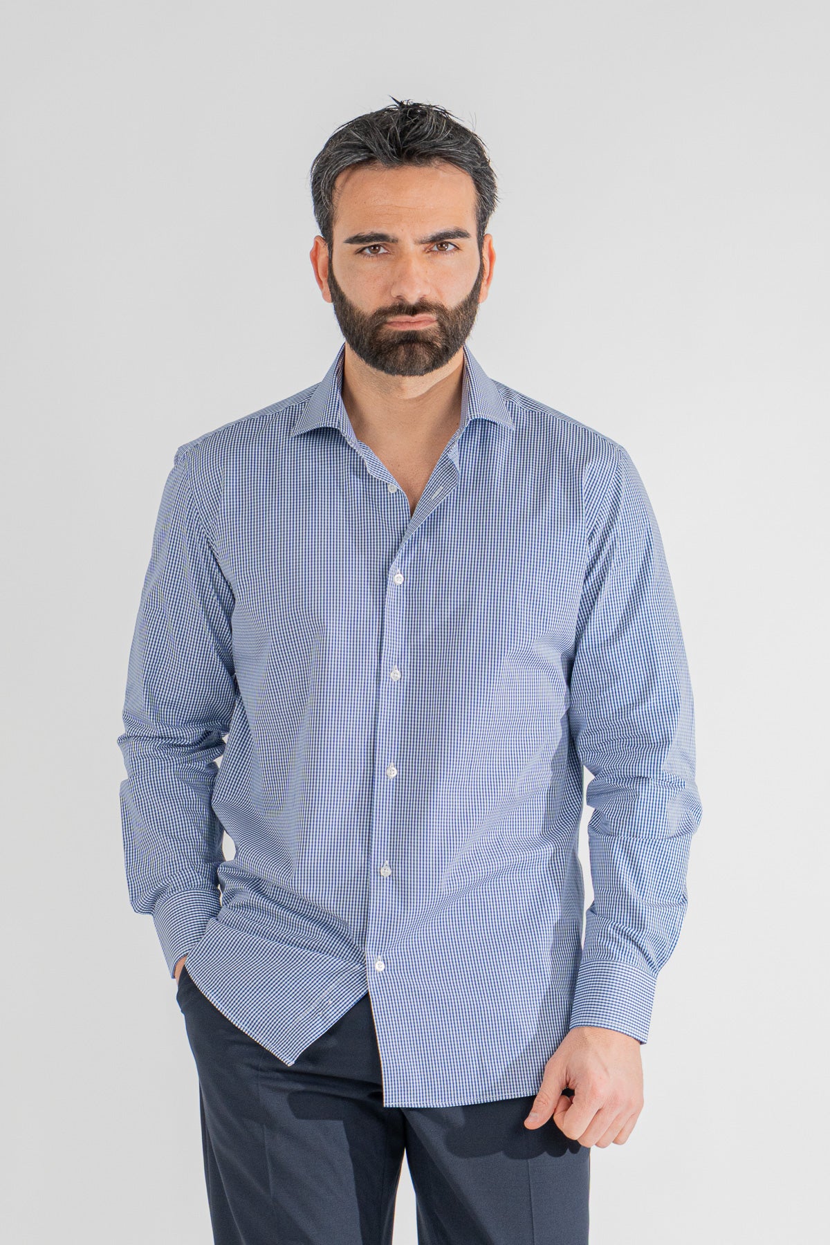 Camicia a quadri blu navy Regular Fit uomo 100% cotone popeline collo semi francese Tessuti Twill