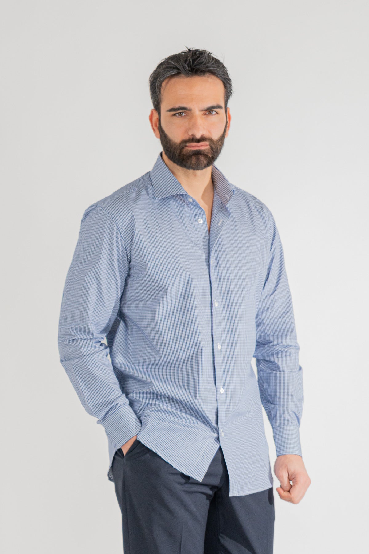 Camicia a quadri blu navy Regular Fit uomo 100% cotone popeline collo semi francese Tessuti Twill