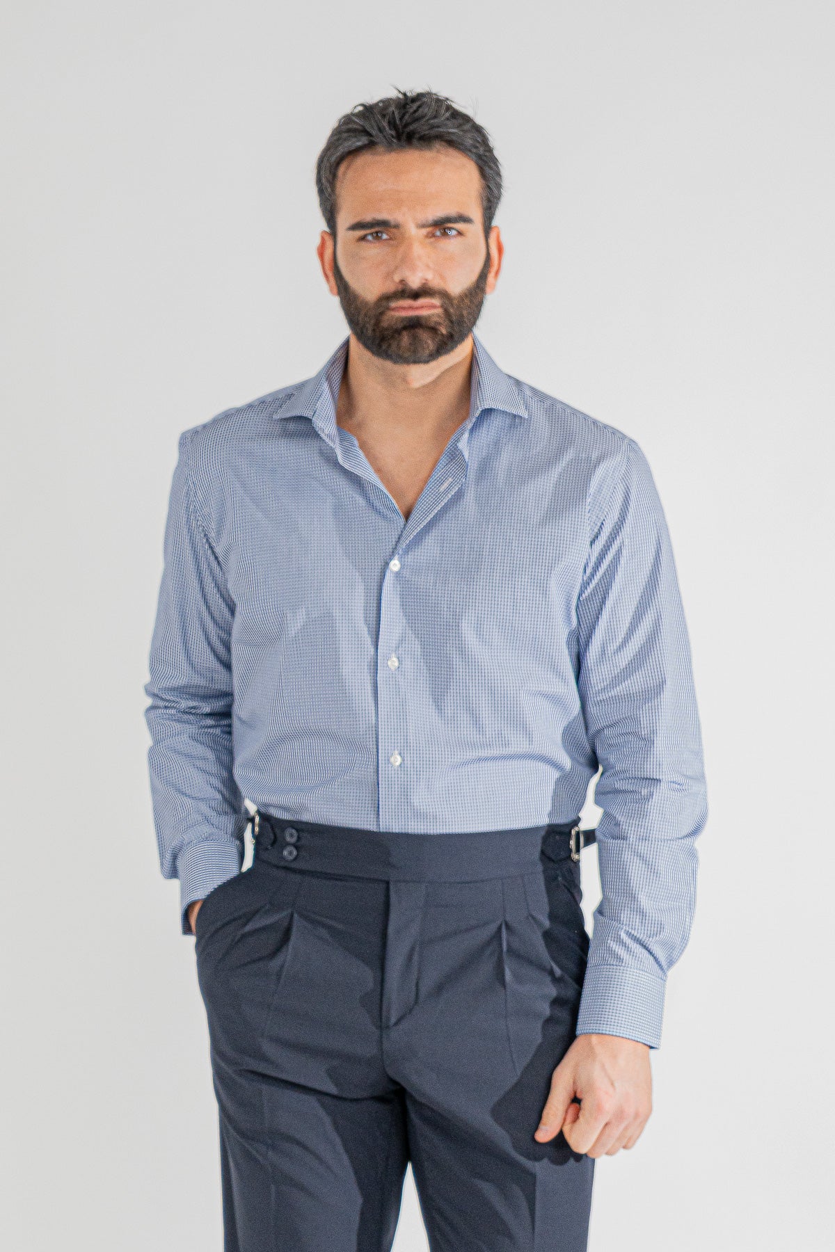 Camicia a quadri celeste Regular Fit uomo 100% cotone popeline collo semi francese Tessuti Twill
