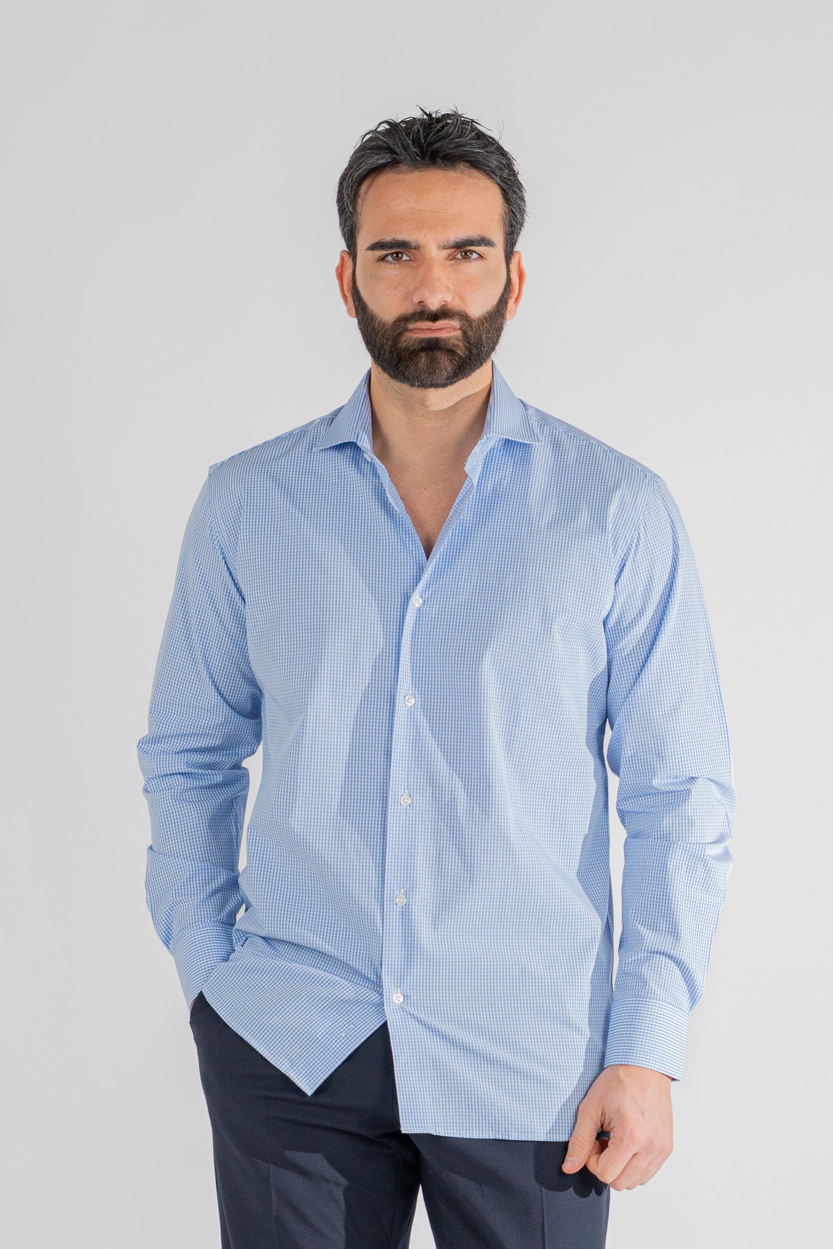 Camicia a quadri celeste Regular Fit uomo 100% cotone popeline collo semi francese Tessuti Twill