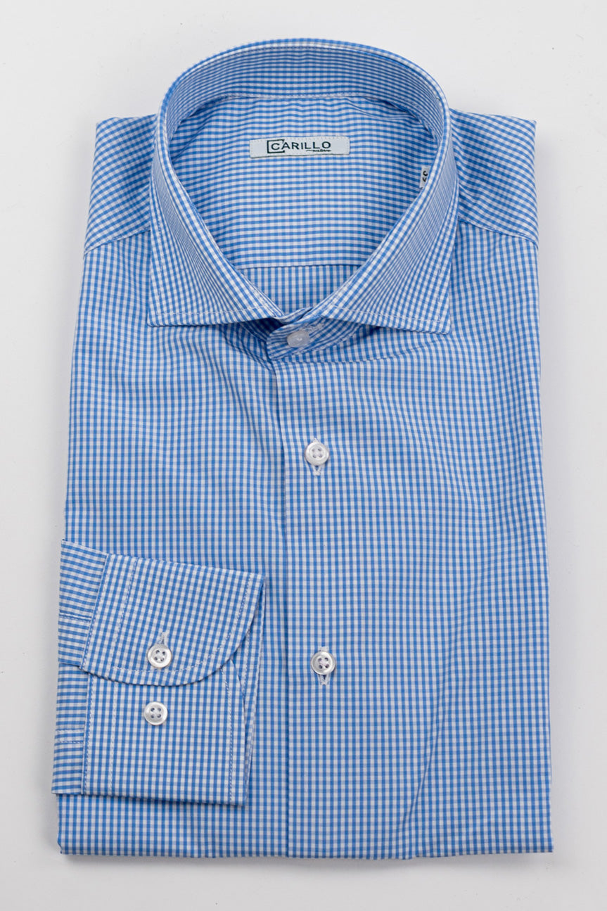 Camicia a quadri celeste Regular Fit uomo 100% cotone popeline collo semi francese Tessuti Twill