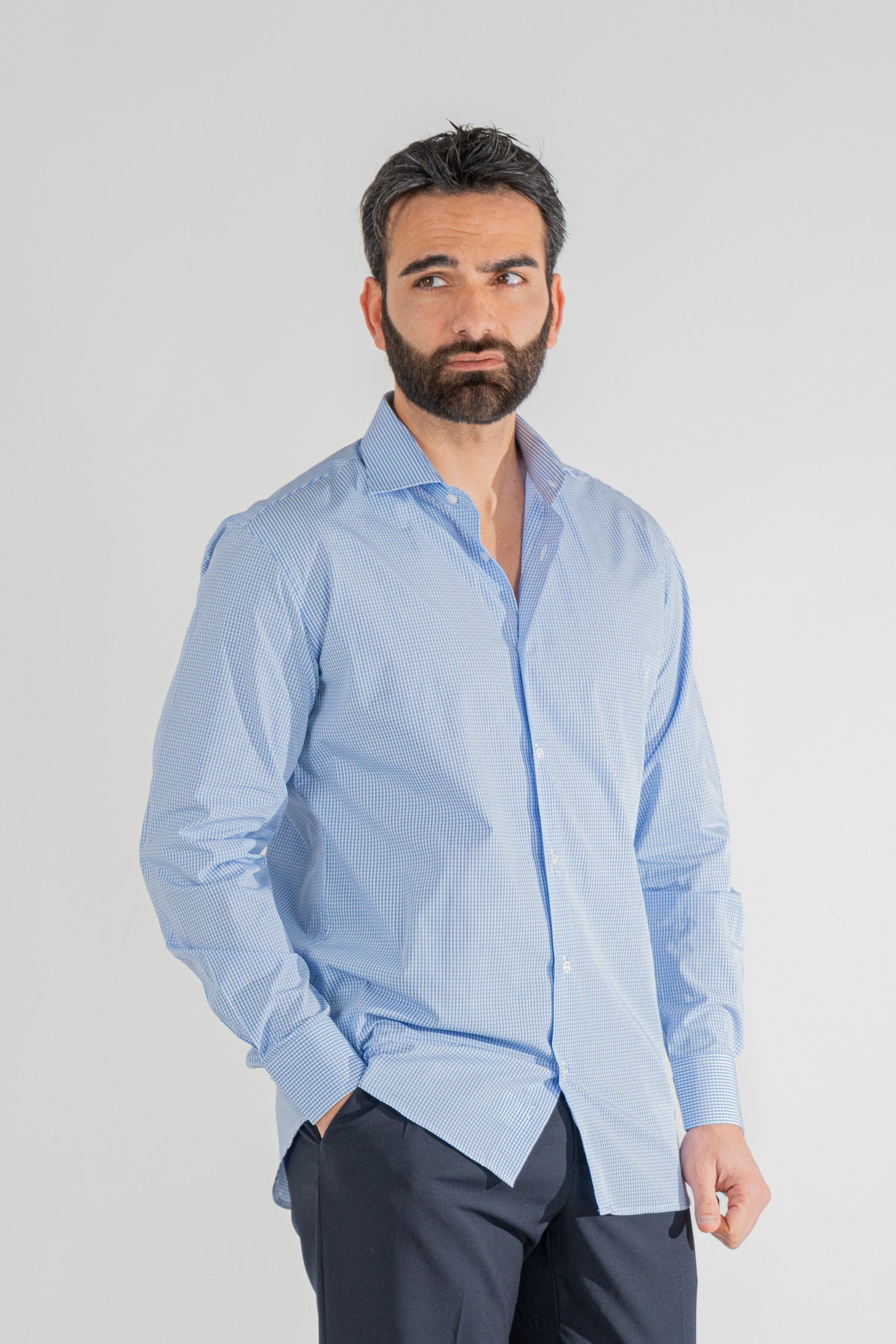 Camicia a quadri celeste Regular Fit uomo 100% cotone popeline collo semi francese Tessuti Twill