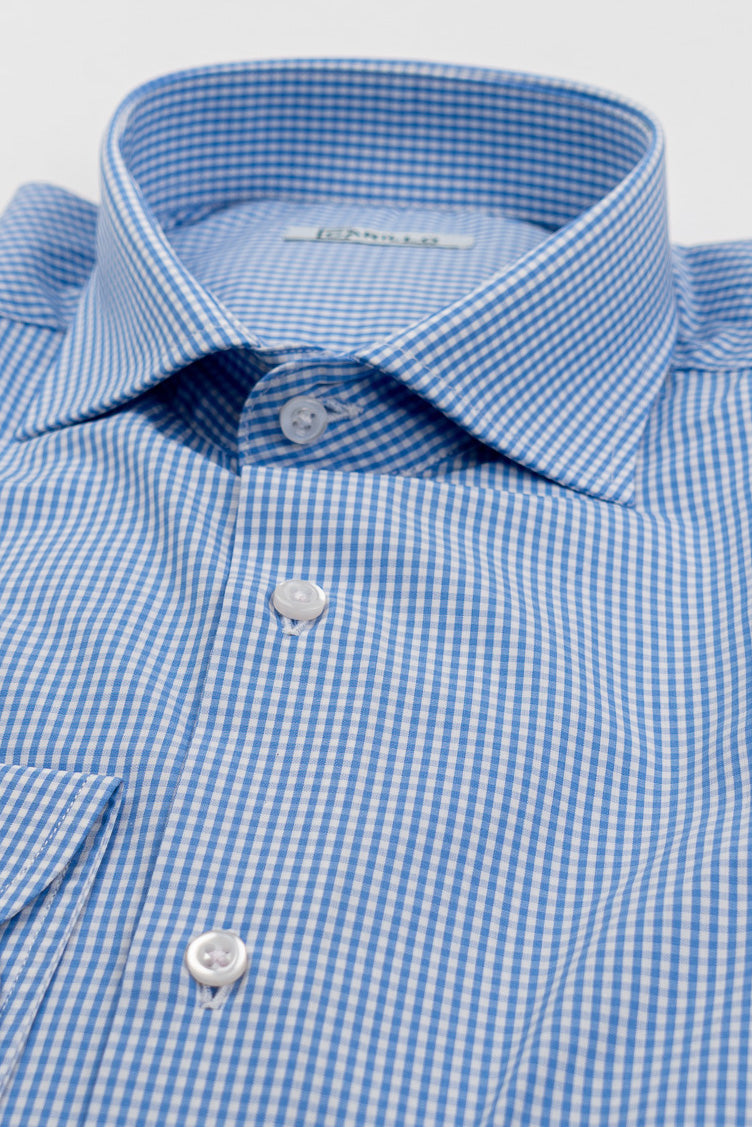 Camicia a quadri celeste Regular Fit uomo 100% cotone popeline collo semi francese Tessuti Twill