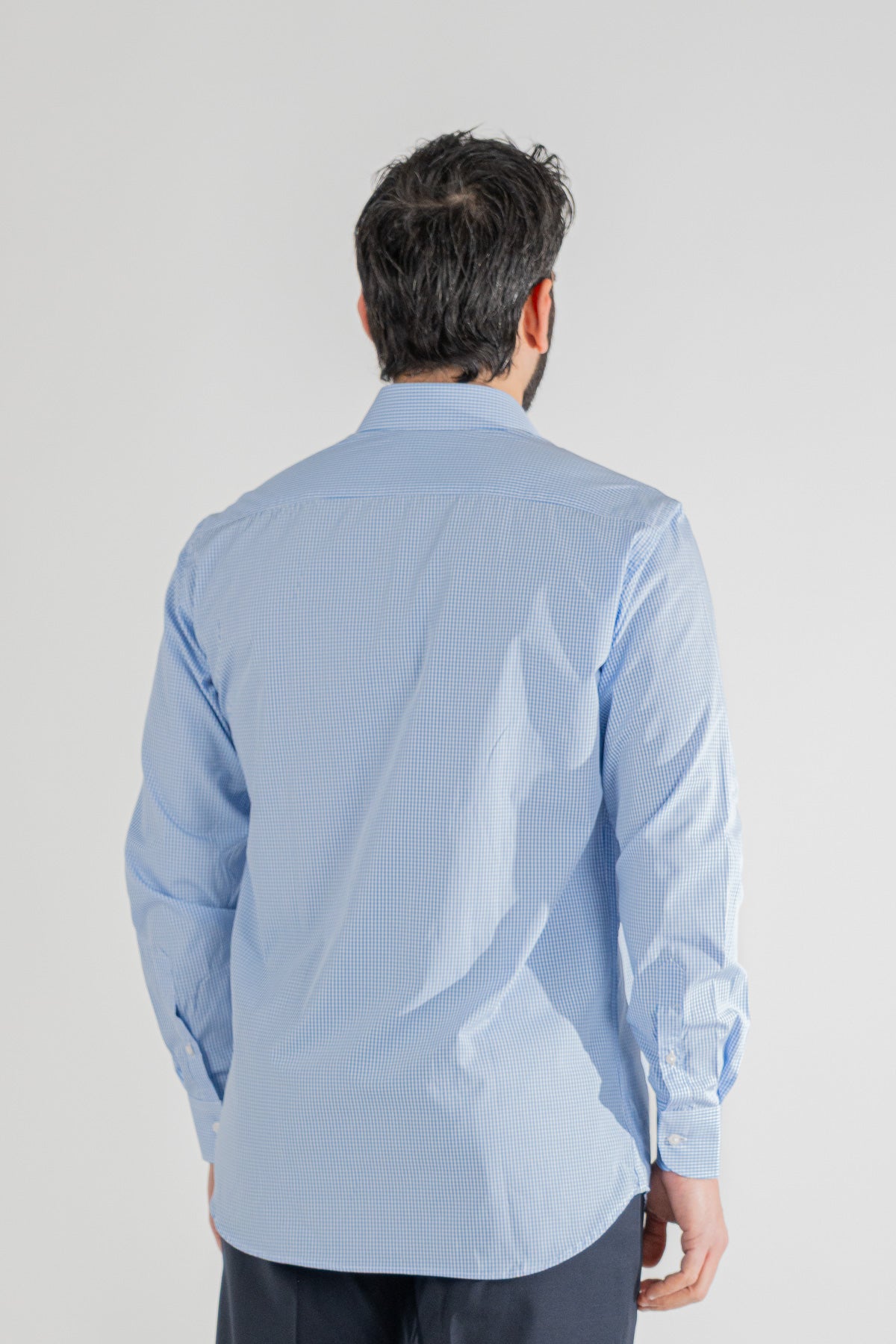 Camicia a quadri celeste Regular Fit uomo 100% cotone popeline collo semi francese Tessuti Twill