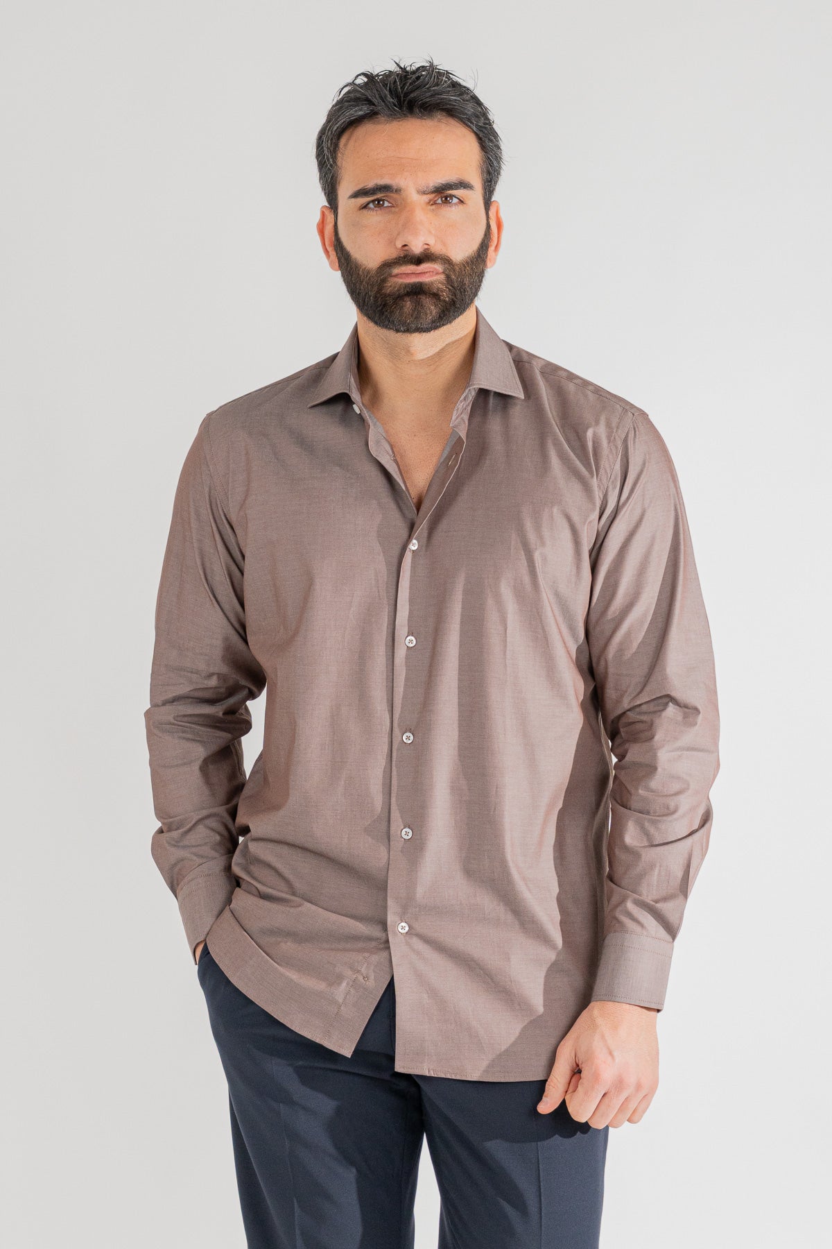 Camicia marrone effetto denim tinta unita Regular Fit uomo 100% cotone popeline collo semi francese Tessuti Twill