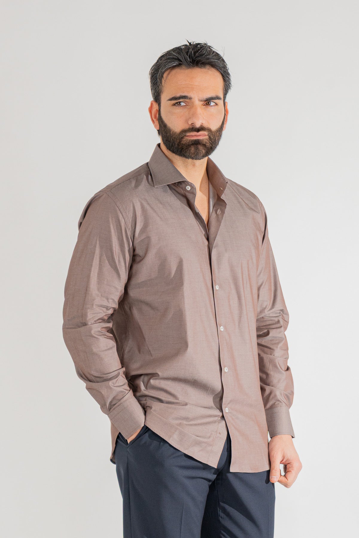 Camicia marrone effetto denim tinta unita Regular Fit uomo 100% cotone popeline collo semi francese Tessuti Twill