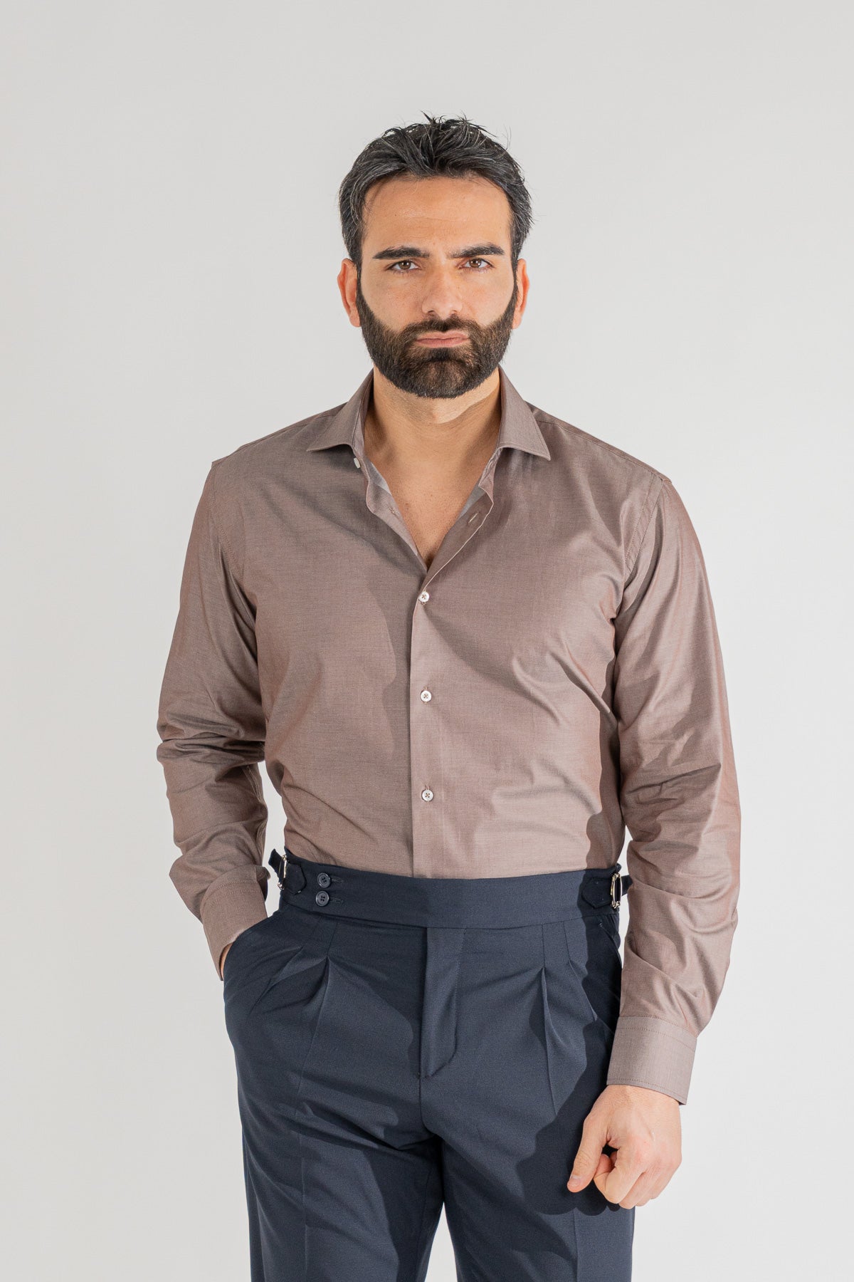 Camicia marrone effetto denim tinta unita Regular Fit uomo 100% cotone popeline collo semi francese Tessuti Twill
