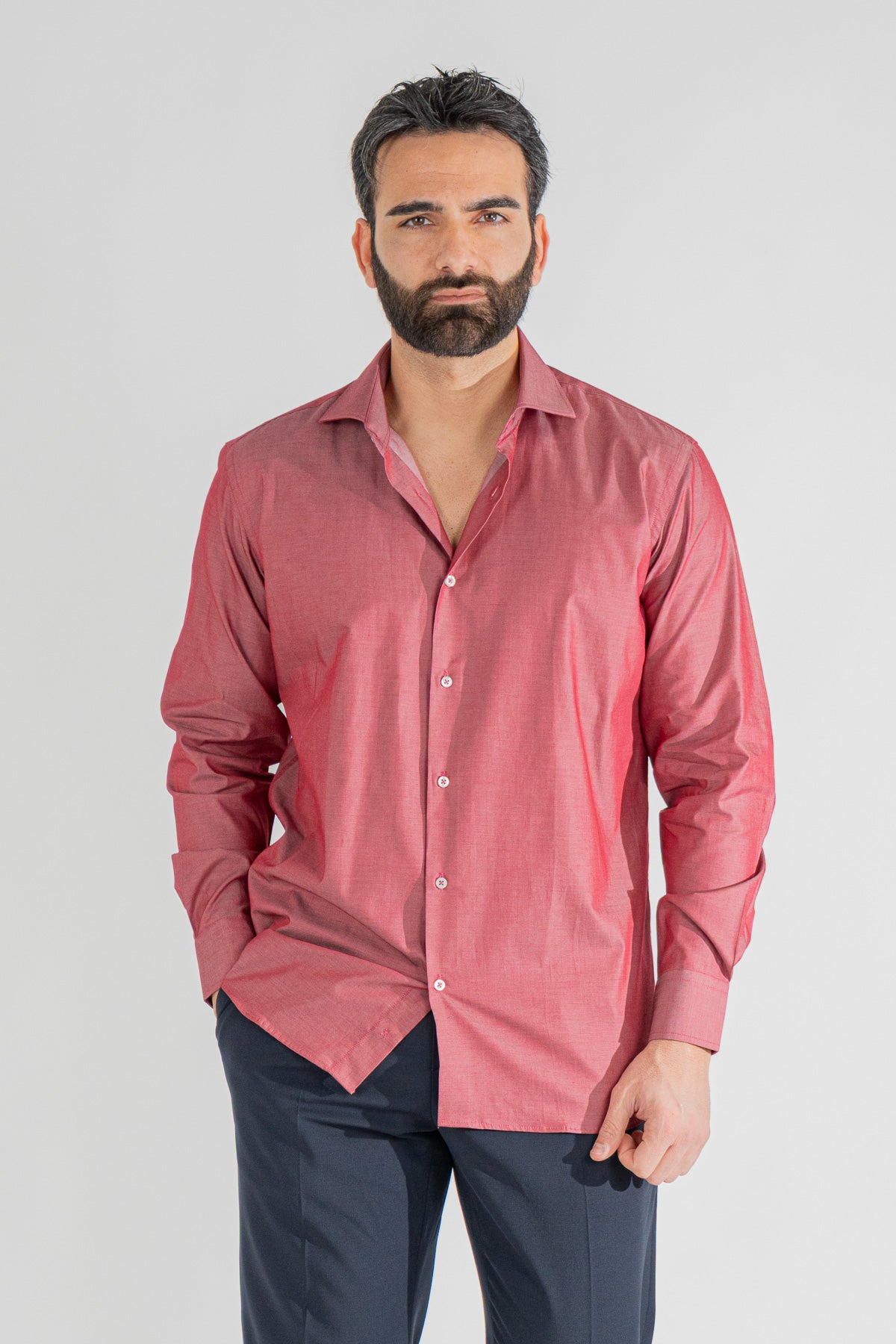 Camicia rosso effetto denim tinta unita Regular Fit uomo 100% cotone popeline collo semi francese Tessuti Twill