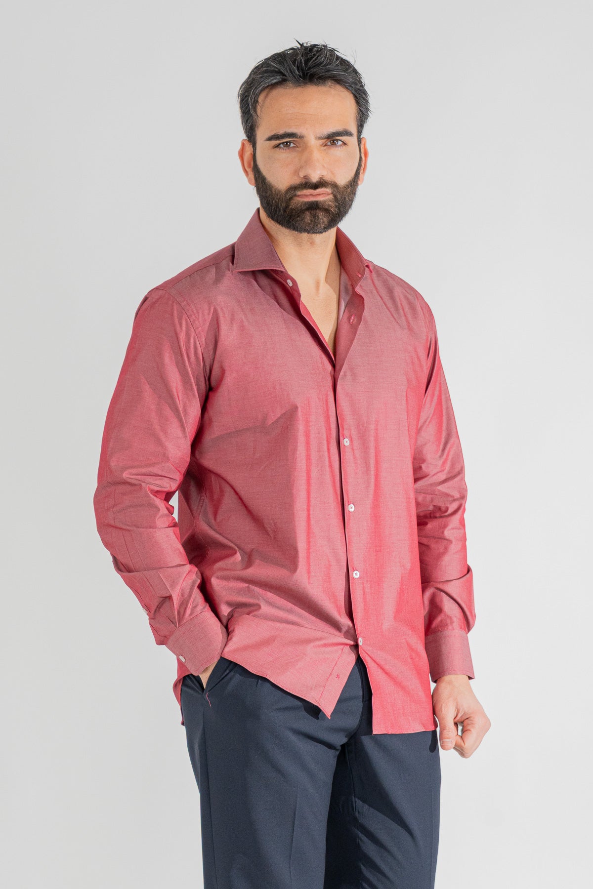 Camicia rosso effetto denim tinta unita Regular Fit uomo 100% cotone popeline collo semi francese Tessuti Twill