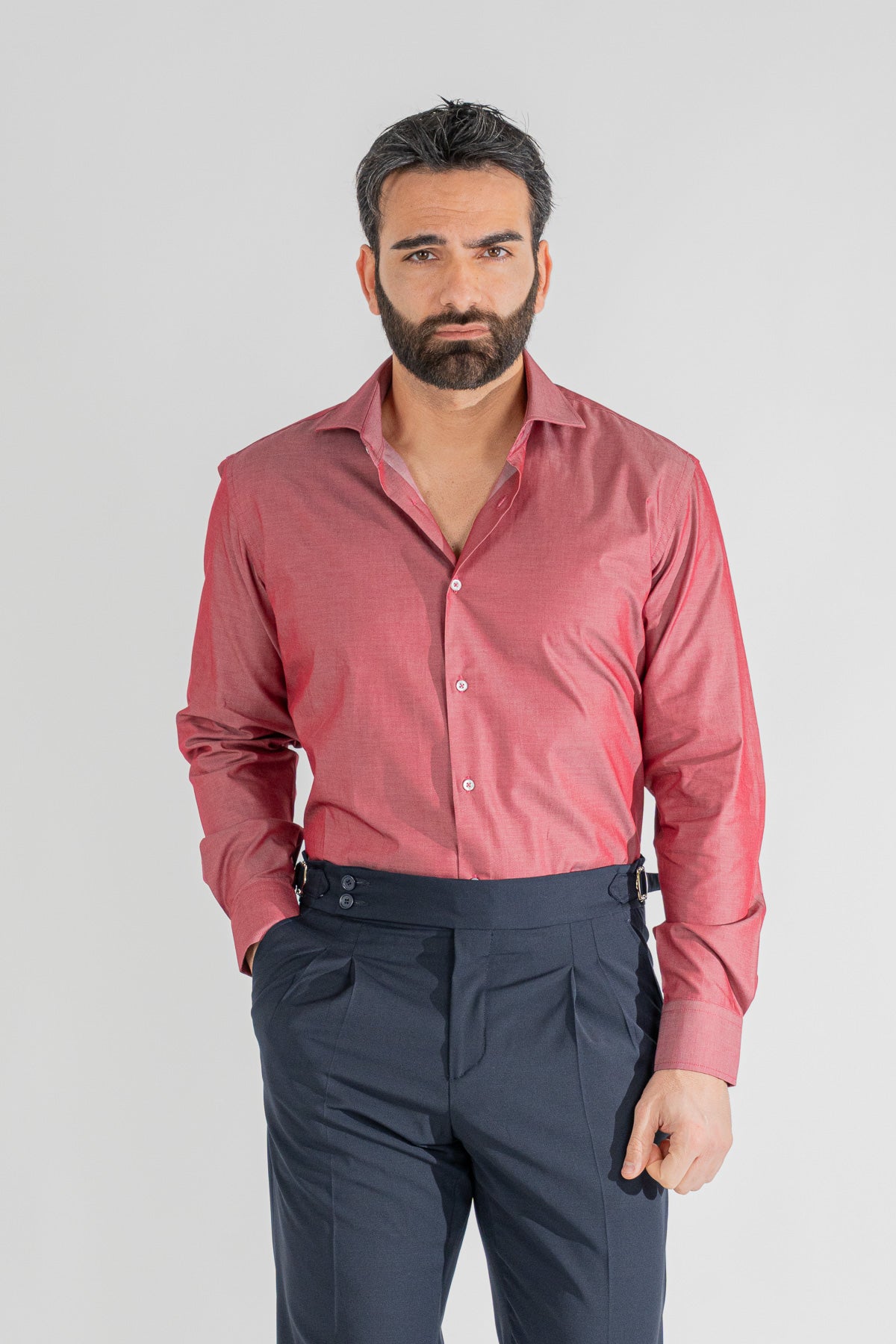 Camicia rosso effetto denim tinta unita Regular Fit uomo 100% cotone popeline collo semi francese Tessuti Twill