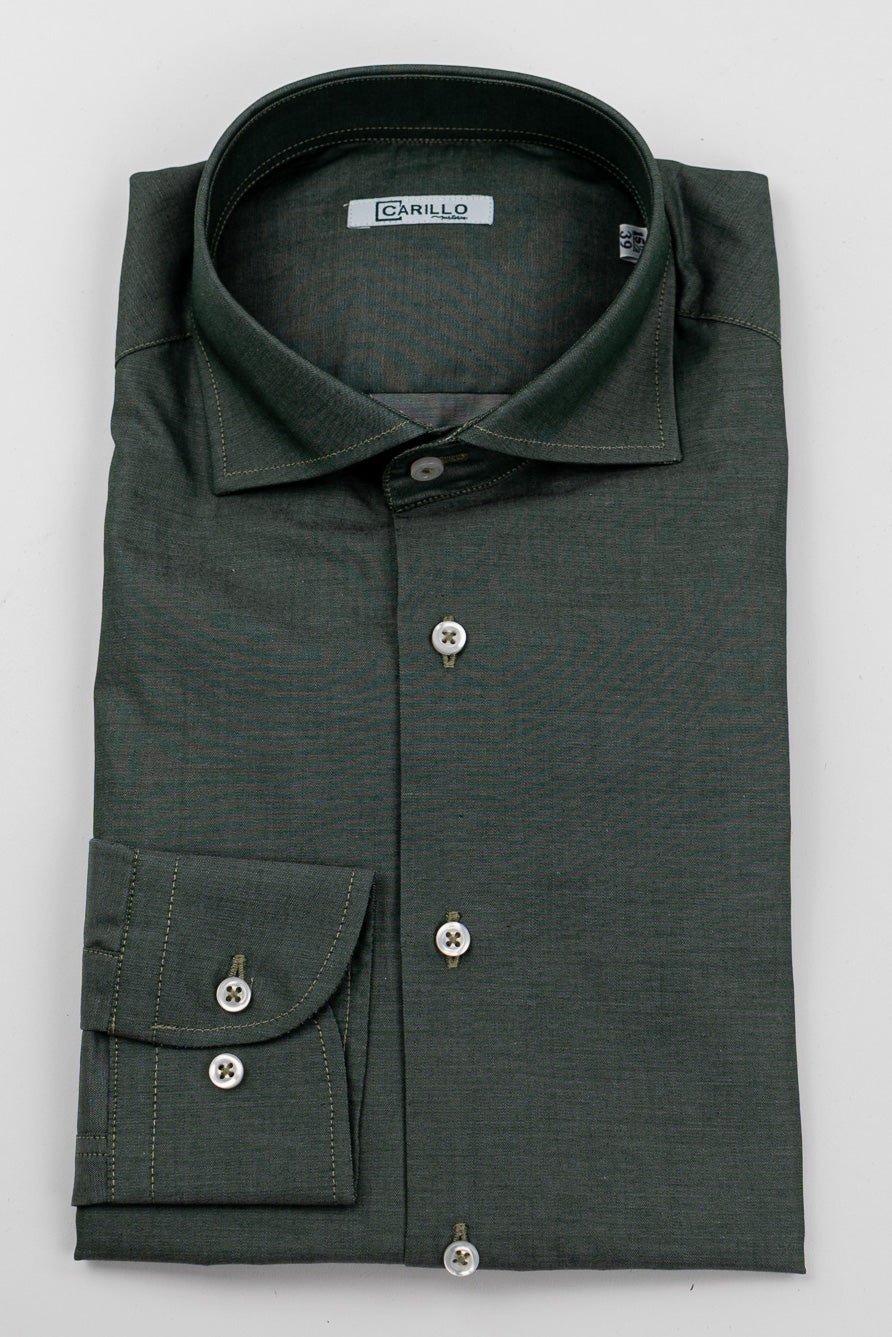 Camicia verde effetto denim tinta unita Regular Fit uomo 100% cotone popeline collo semi francese Tessuti Twill