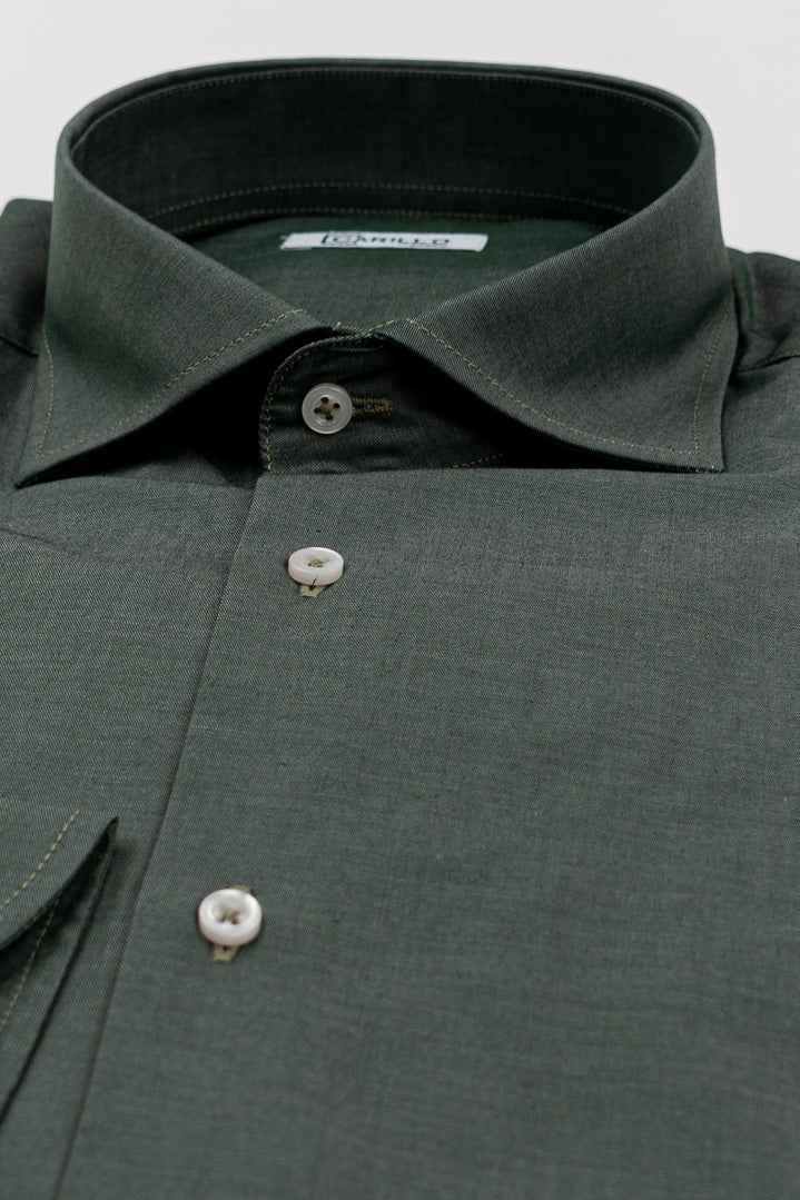 Camicia verde effetto denim tinta unita Regular Fit uomo 100% cotone popeline collo semi francese Tessuti Twill